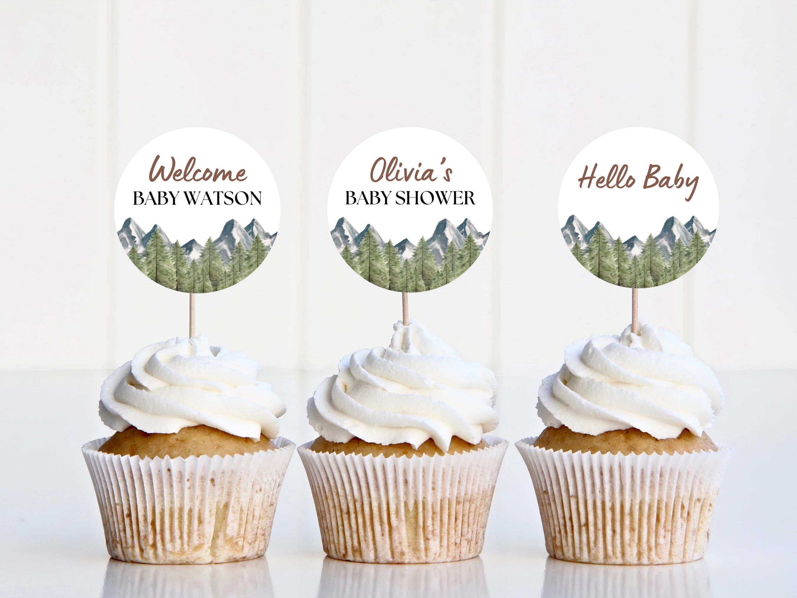 Adventure Awaits Baby Shower Cupcake Toppers | Woodland Forest Mountains Cake Topper | Editable Canva Template | Digital Download