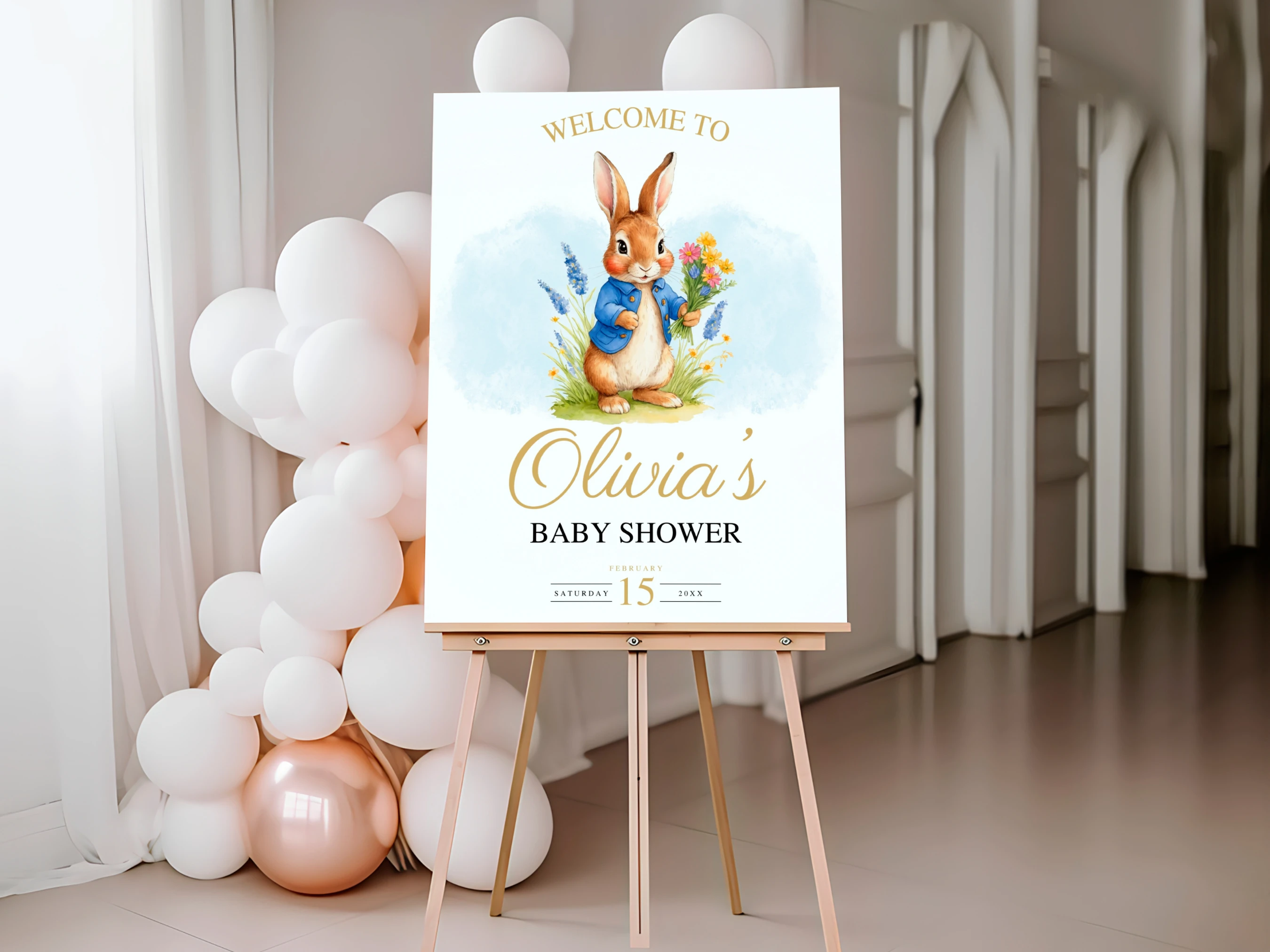 peter rabbit baby shower welcome sign flopsy bunny spring gender neutral board canva template digital download, flopsy bunny baby shower welcome board spring decorations canva template