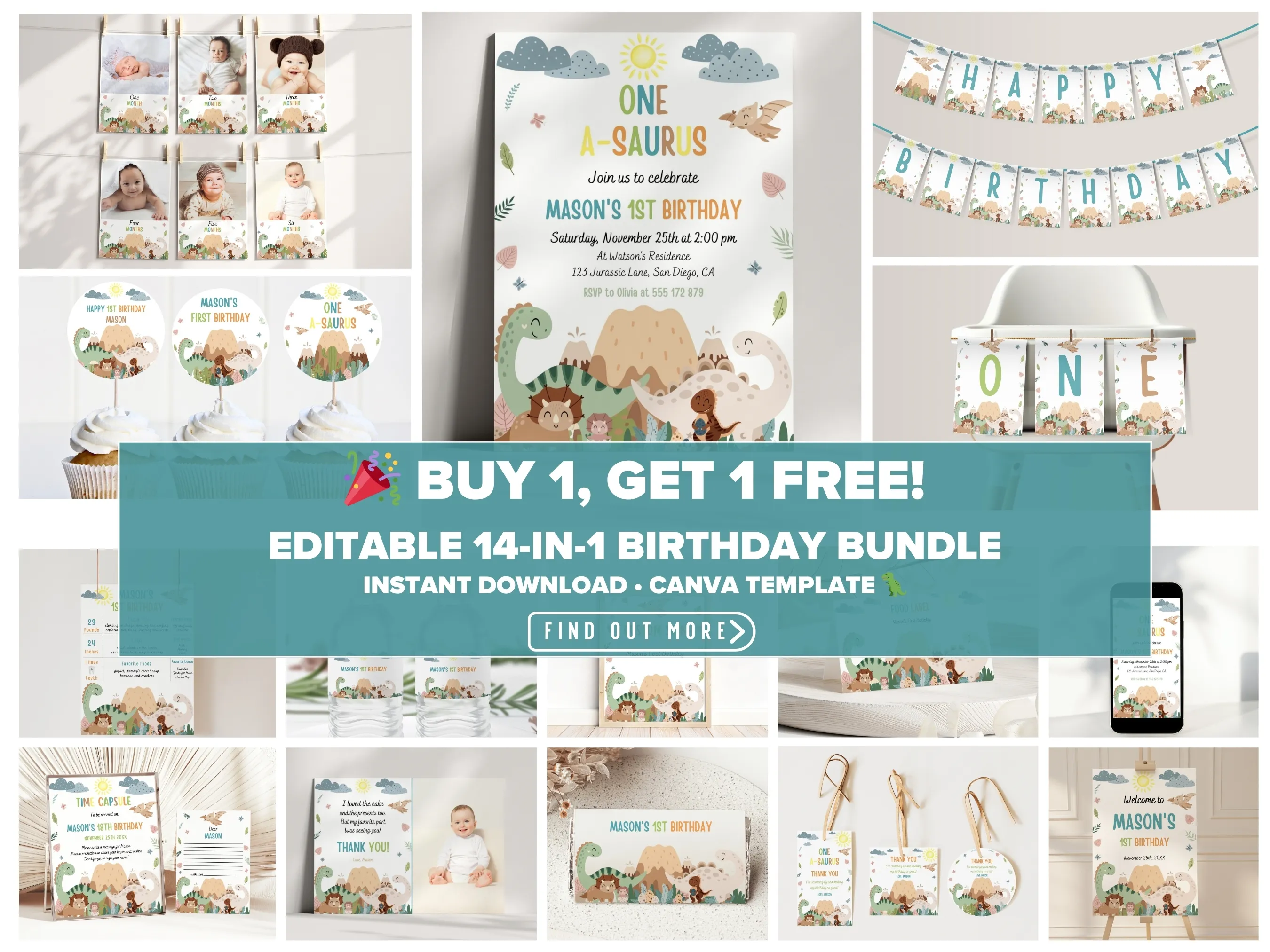 Dinosaur birthday bundle — blue Jurassic theme editable Canva templates for boy’s birthday invitations, signs & party decorations (digital download)