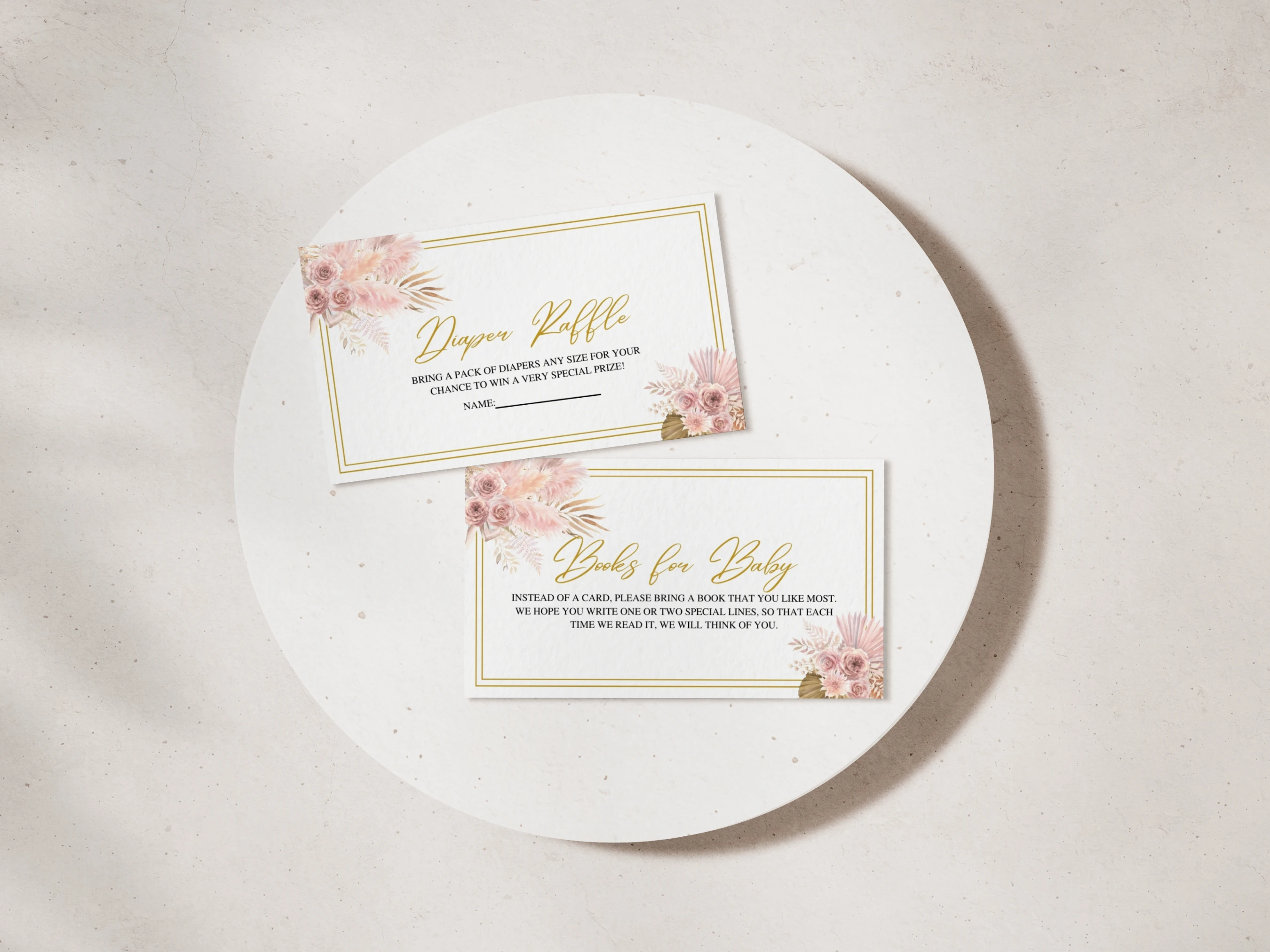 boho diaper raffle card, pampas grass books for baby card, rose gold diaper raffle ticket printable, boho girl baby shower insert, editable diaper raffle card Canva