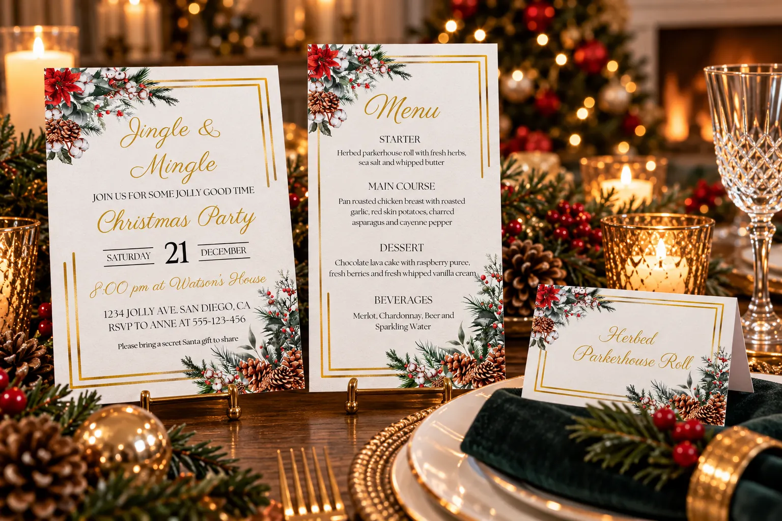 Coordinated Christmas invitation, menu card and festive table stationery displayed in an elegant Christmas dinner setting