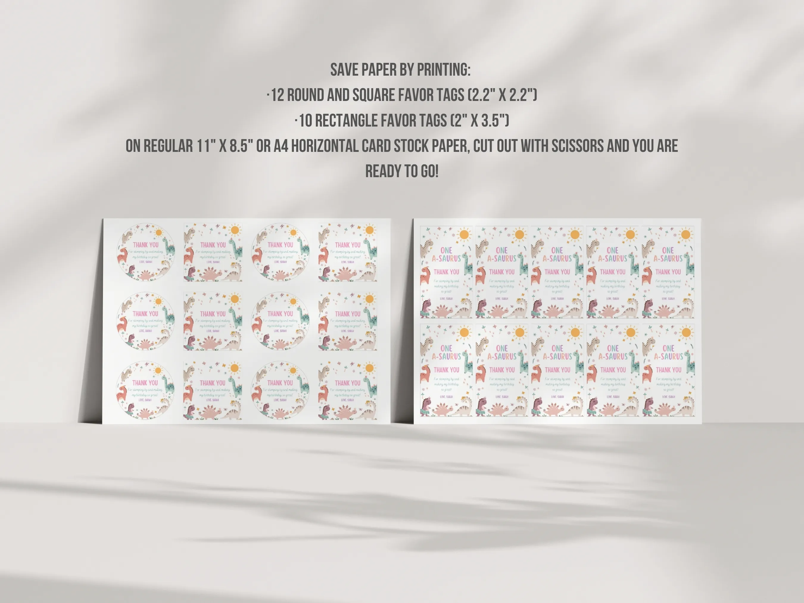 Baby Girl Dinosaur Birthday Thank You Tags | Pink Dino Party Favor Labels | Party Gift Tags | Editable Canva Template | Digital Download
