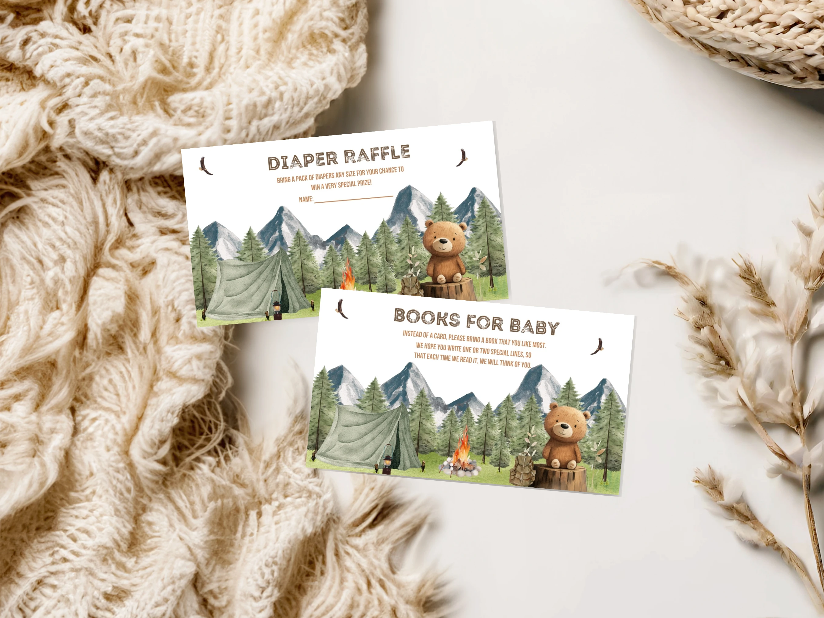 Little Camper Baby Shower Diaper Raffle Card | Woodland Adventure Awaits Books For Baby Card | Editable Canva Template | Digital Download
