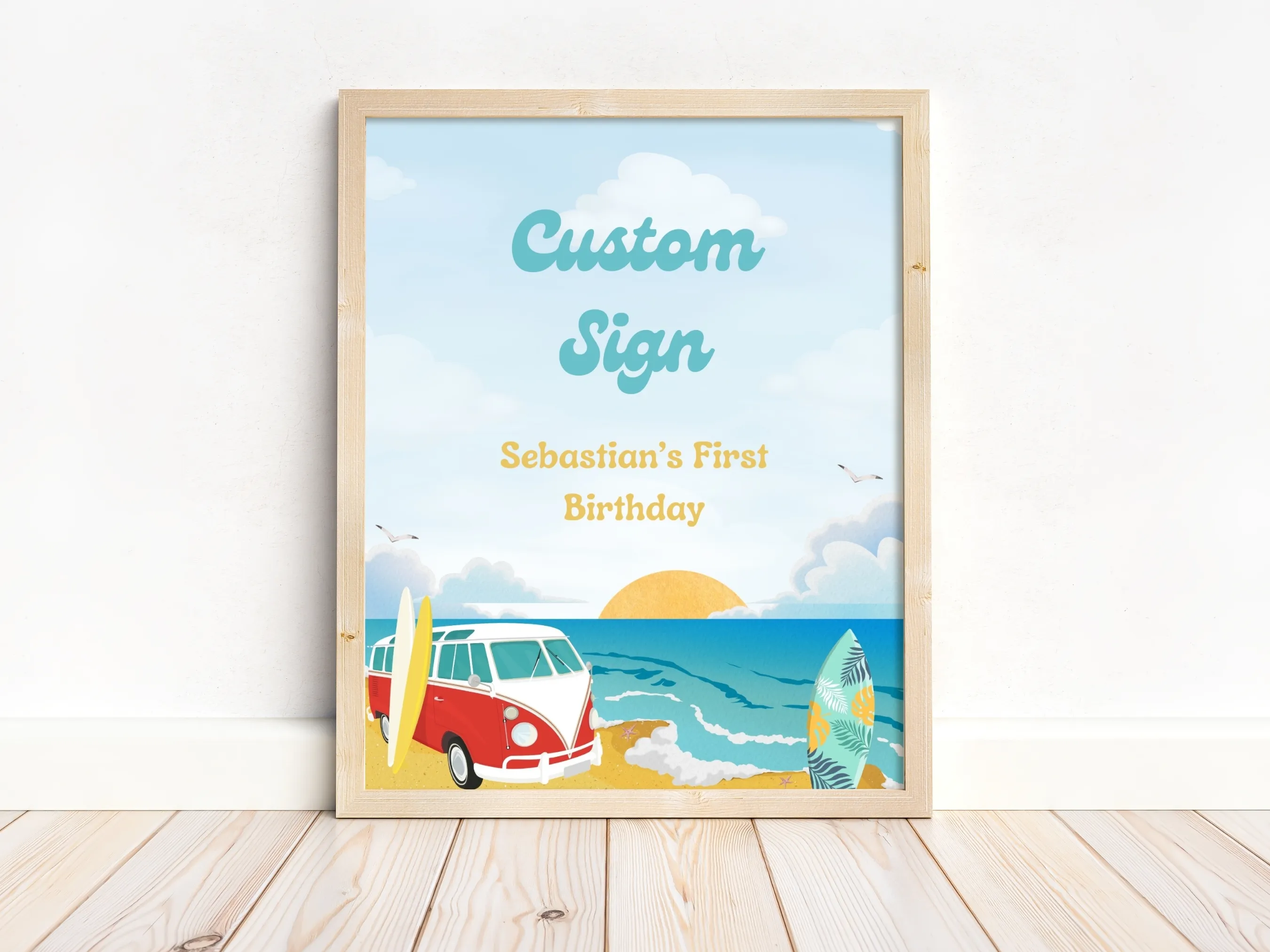 The Big One custom birthday sign with surf and beach theme, customizable cards and gifts or gift table sign, editable Canva template by fllcdesigns