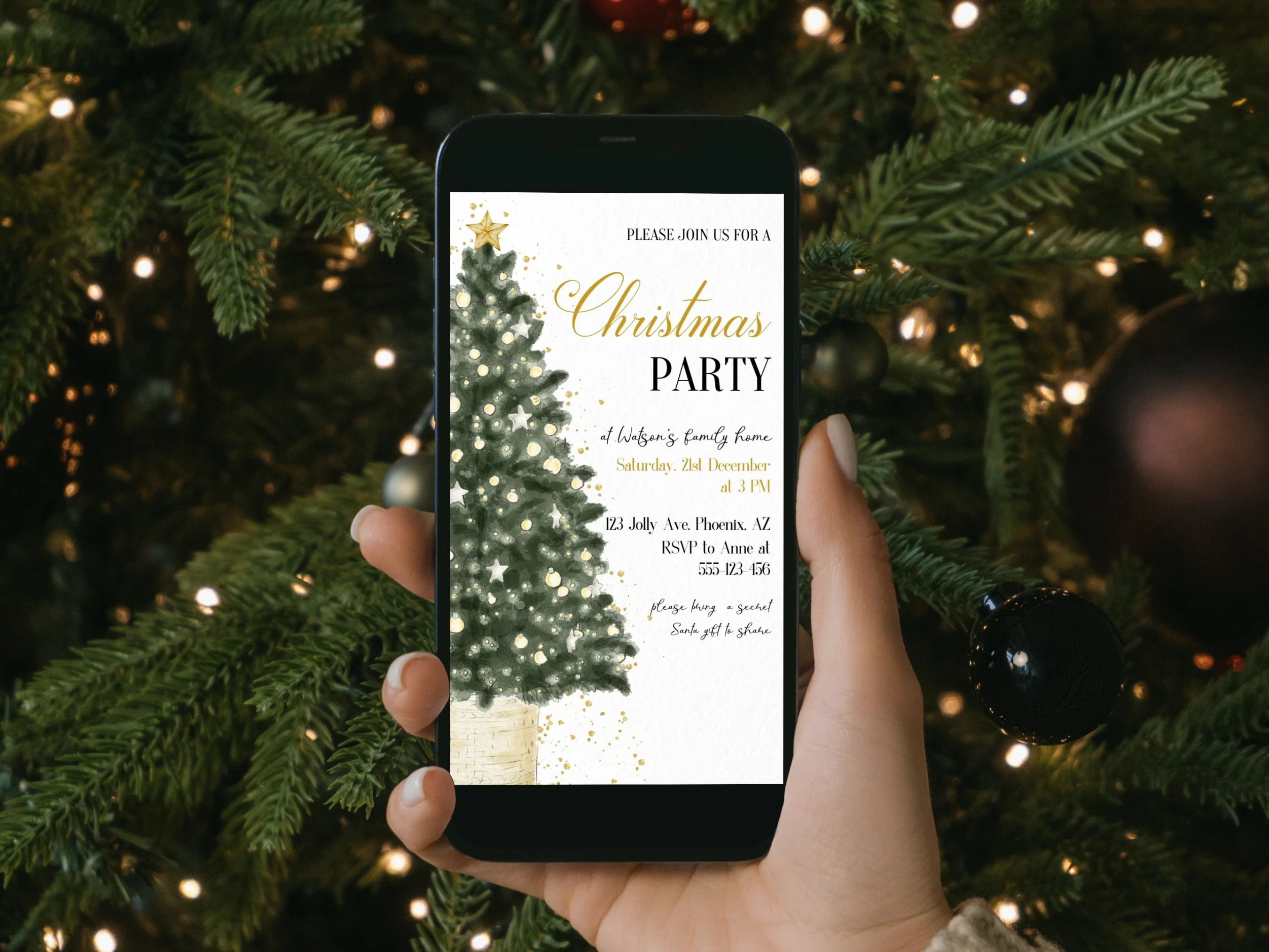 Green and Gold Christmas Tree mobile invitation with elegant evergreen tree and golden glitter details, editable 1080 × 1920 px Canva evite for a Christmas dinner party