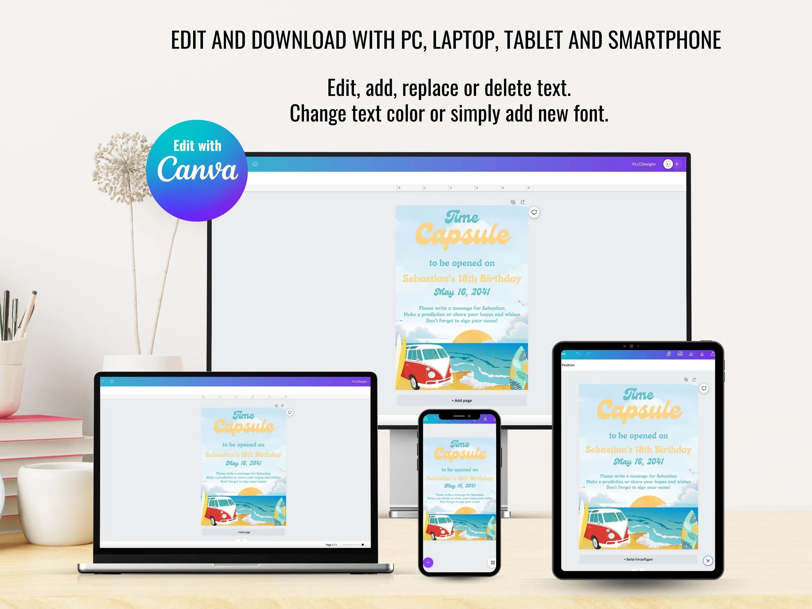 The Big One 1st Birthday Time Capsule Sign & Wishes Card | Surf Beach Party Guest Book | Editable Canva Template | Digital Download