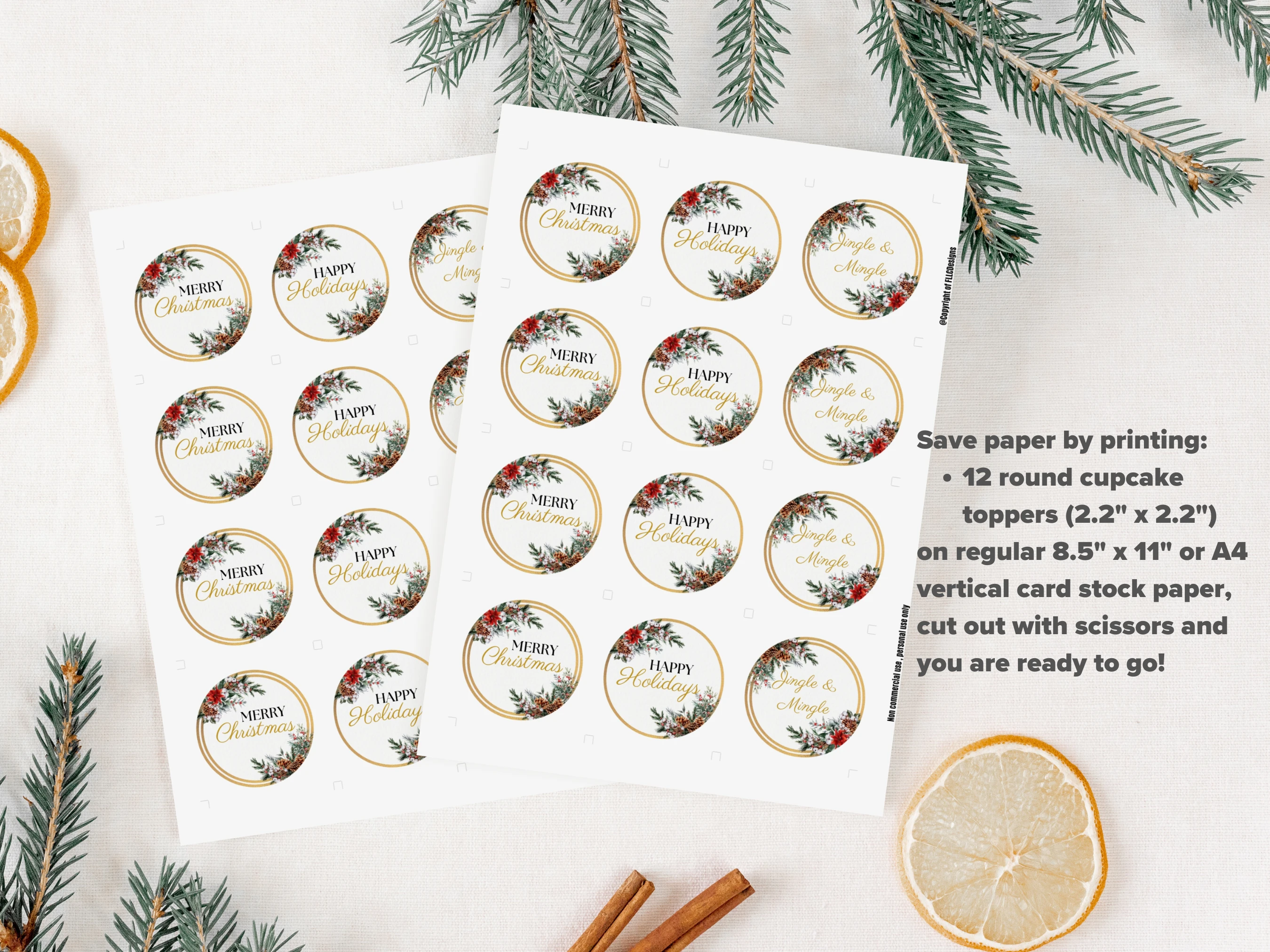 Christmas Cupcake Toppers | Golden Greenery Holiday Party Decorations | Editable Canva Template | Digital Download