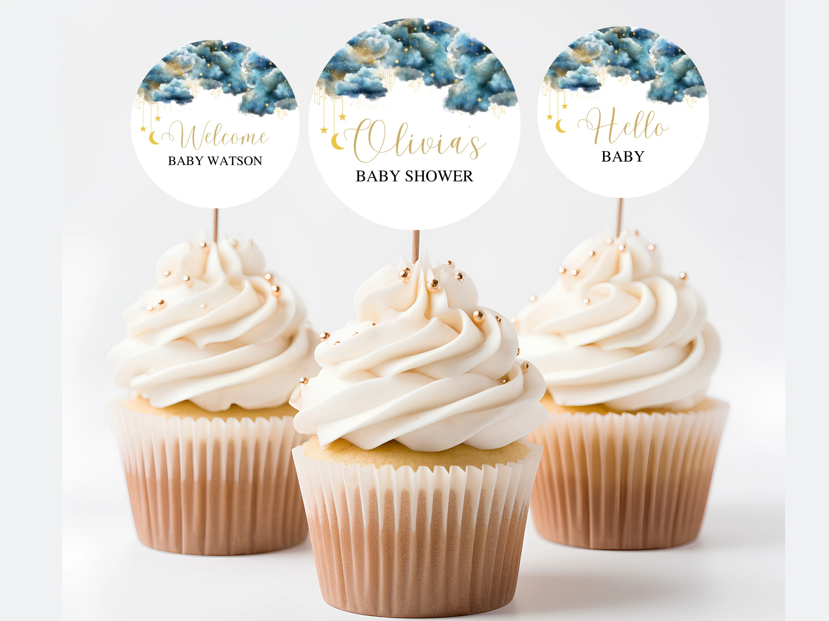 twinkle little star baby shower cupcake toppers moon stars blue gold decor canva template digital download, over the moon baby shower cupcake topper moon stars baby shower decorations canva template