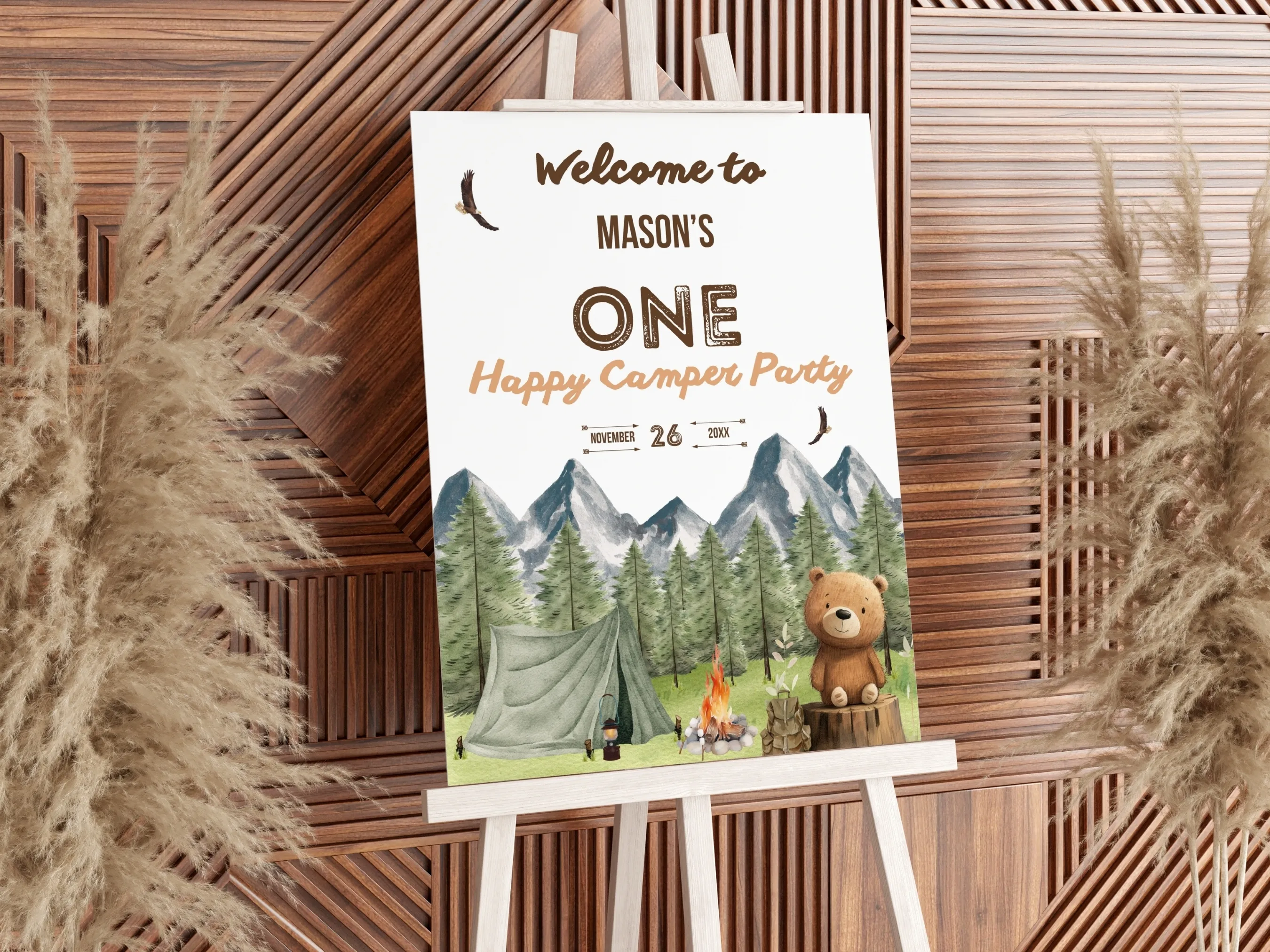 One Happy Camper birthday welcome sign with woodland forest camping theme, tent and trees, editable Canva template by fllcdesigns