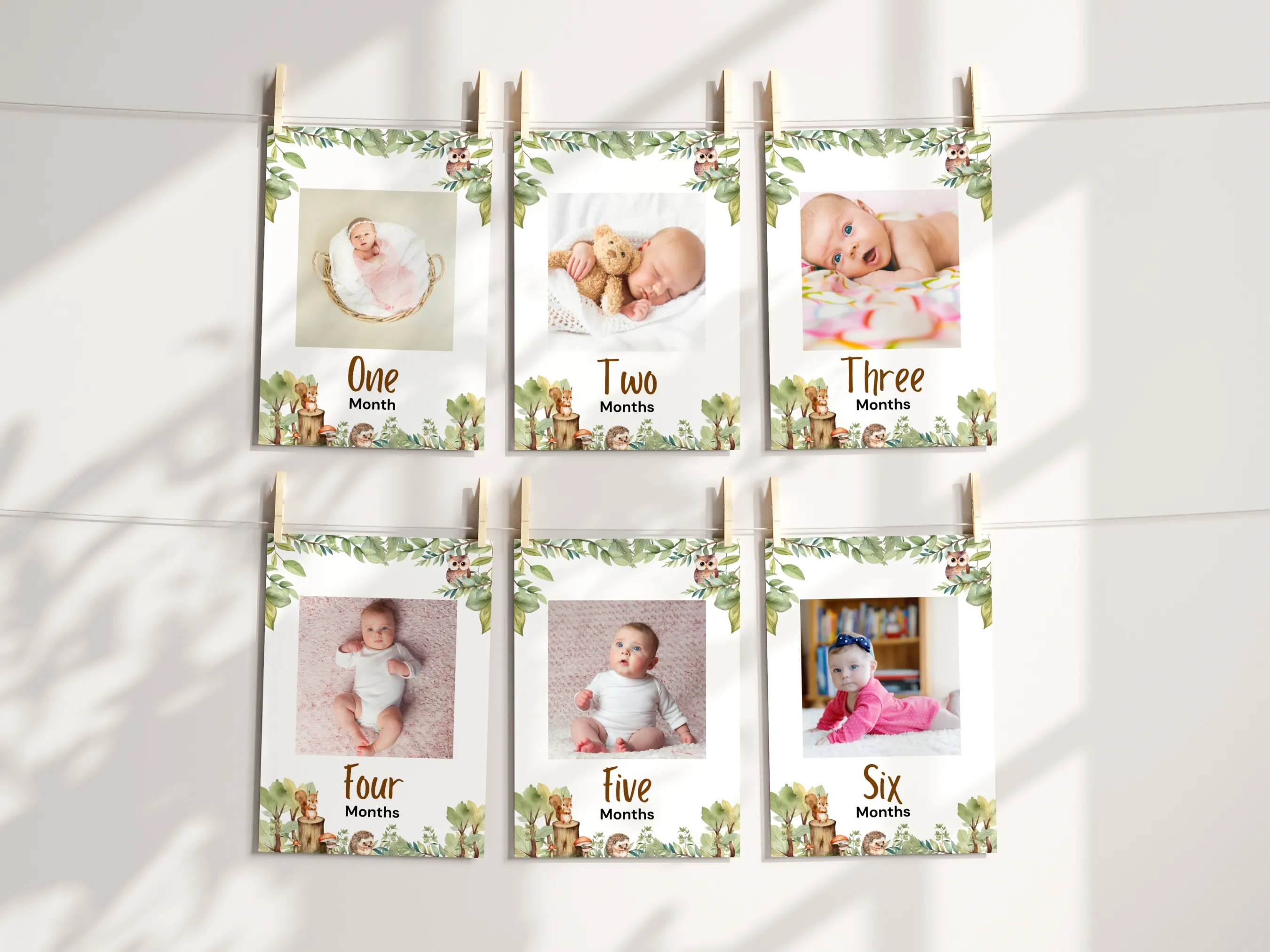 Woodland animals baby milestone banner with forest animals monthly photo cards, editable Canva template for personalized woodland-themed baby decorations, digital download.
