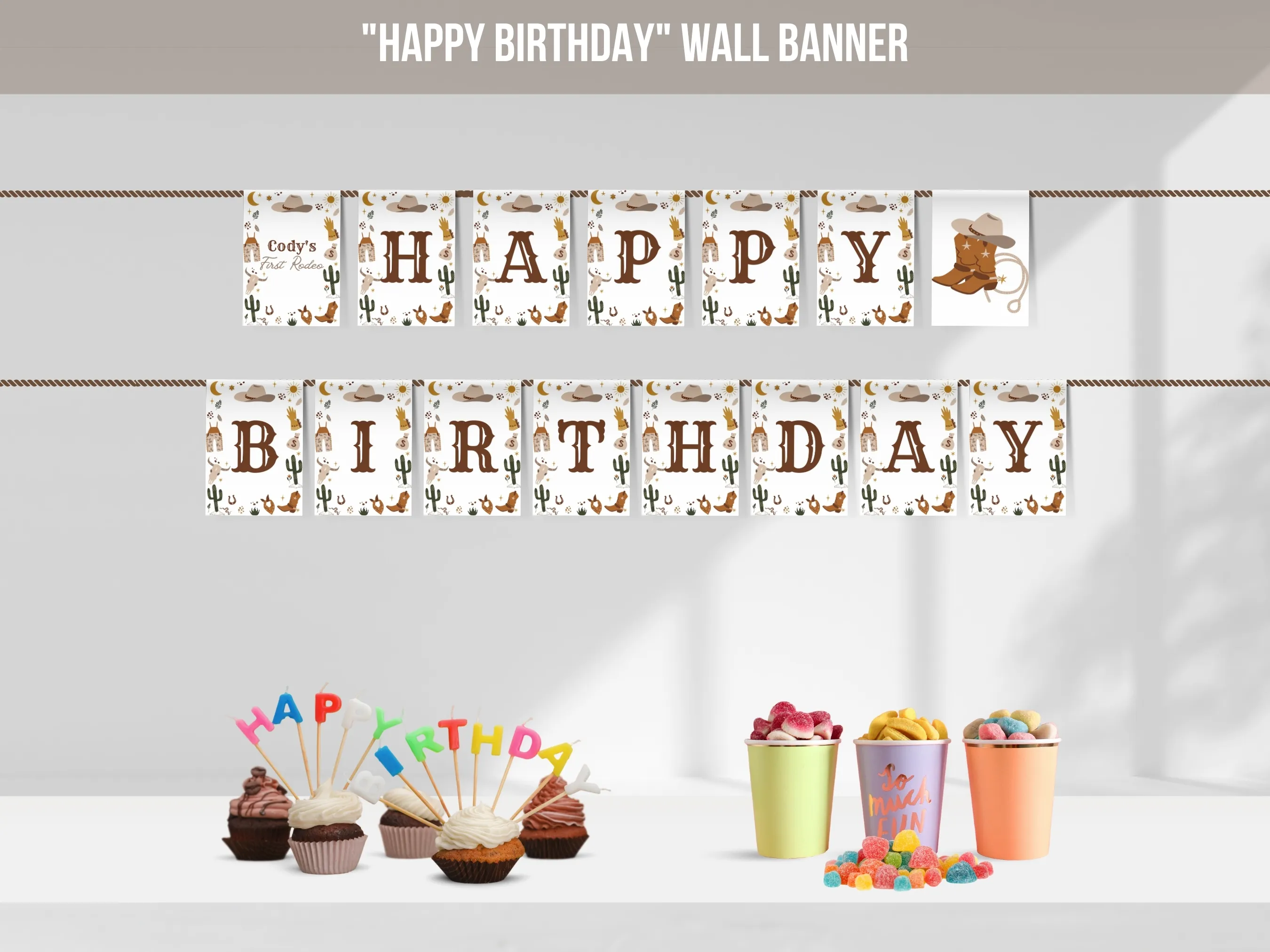 My First Rodeo Happy Birthday banner with cowboy western theme, customizable birthday bunting and wall banner, editable Canva template by fllcdesigns