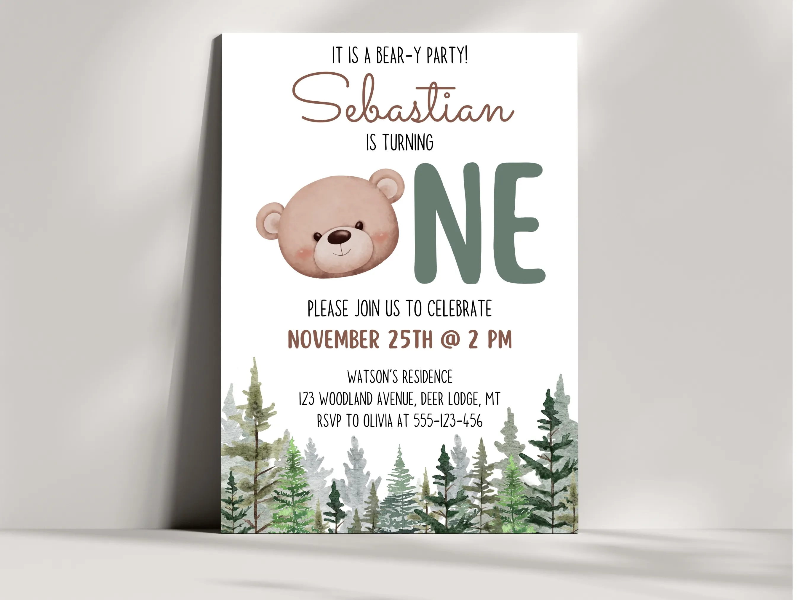 Woodland Bear first birthday invitation — forest animal theme editable Canva template for boy’s birthday party (digital download)