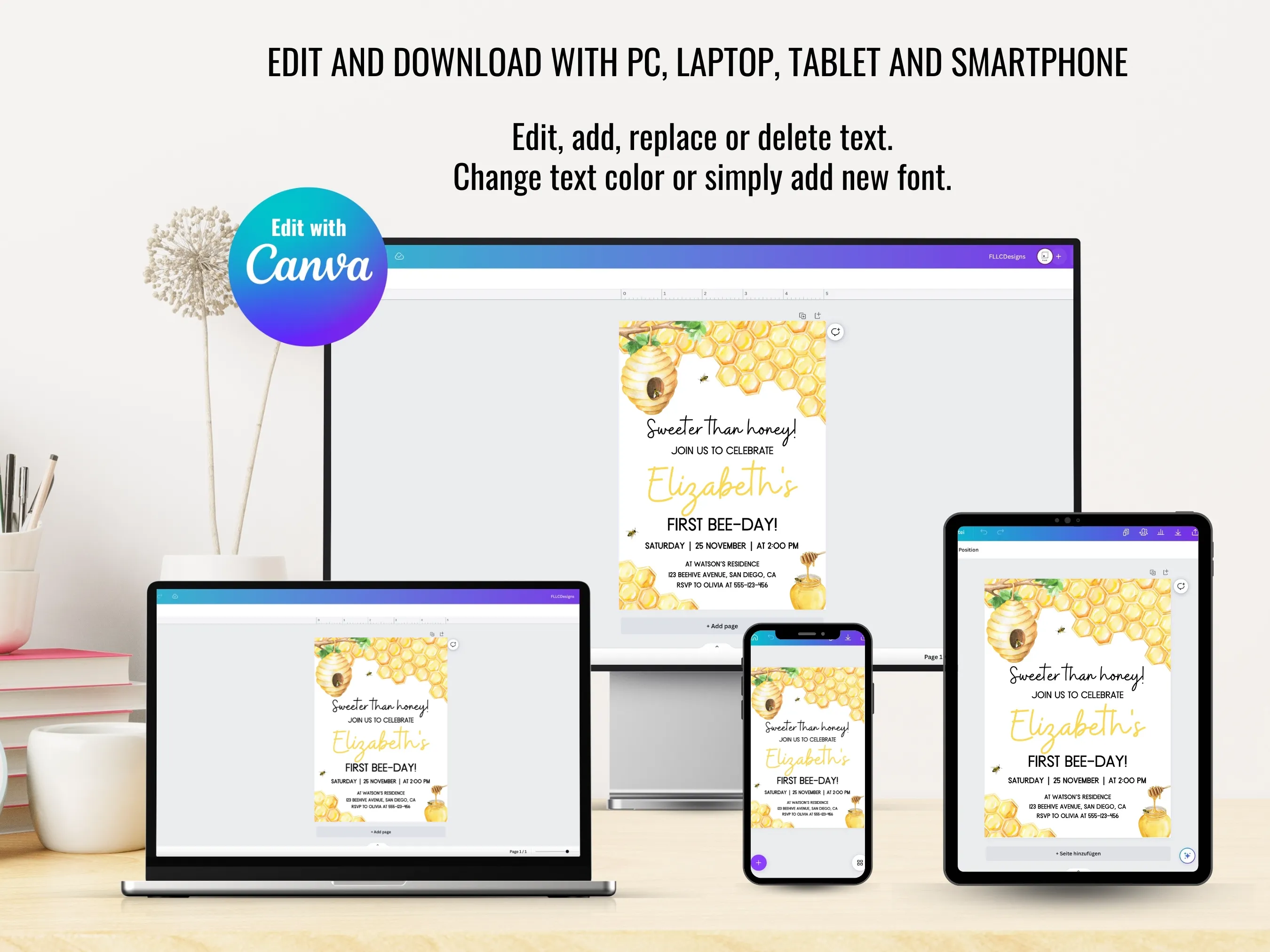 First Bee Day Mobile Invitation | Bumble Bee Birthday Evite | Editable Canva Template | Digital Download
