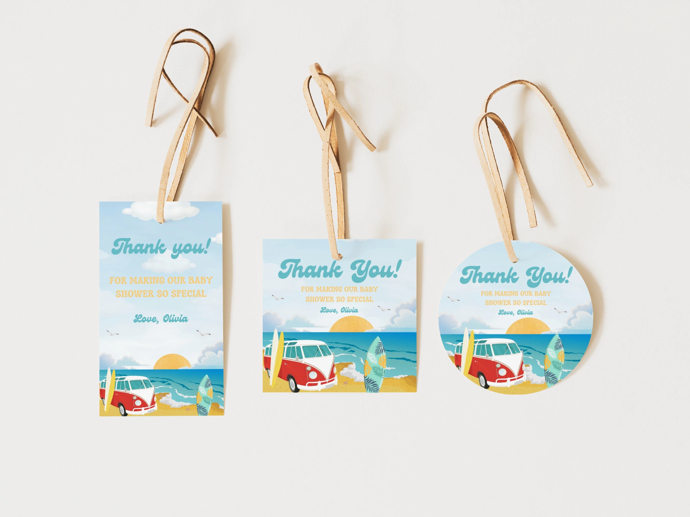 baby on board baby shower thank you tags surf ocean tropical favors canva template digital download, surf baby shower favor tags beach ocean baby shower decorations canva template