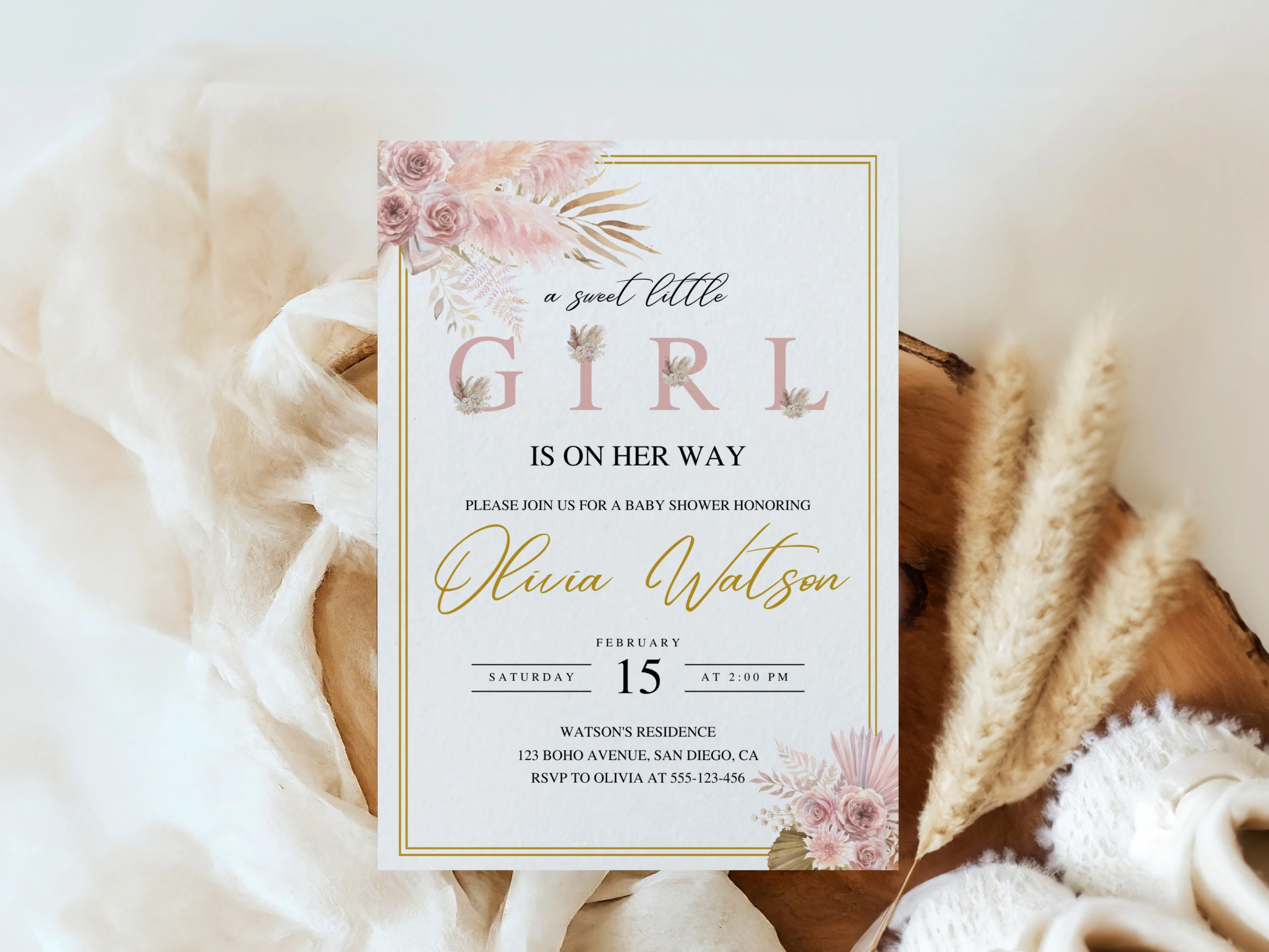 boho baby shower invitation, pampas grass baby shower invitation, rose gold baby shower invitation template, printable baby shower invite, editable baby shower invitation Canva