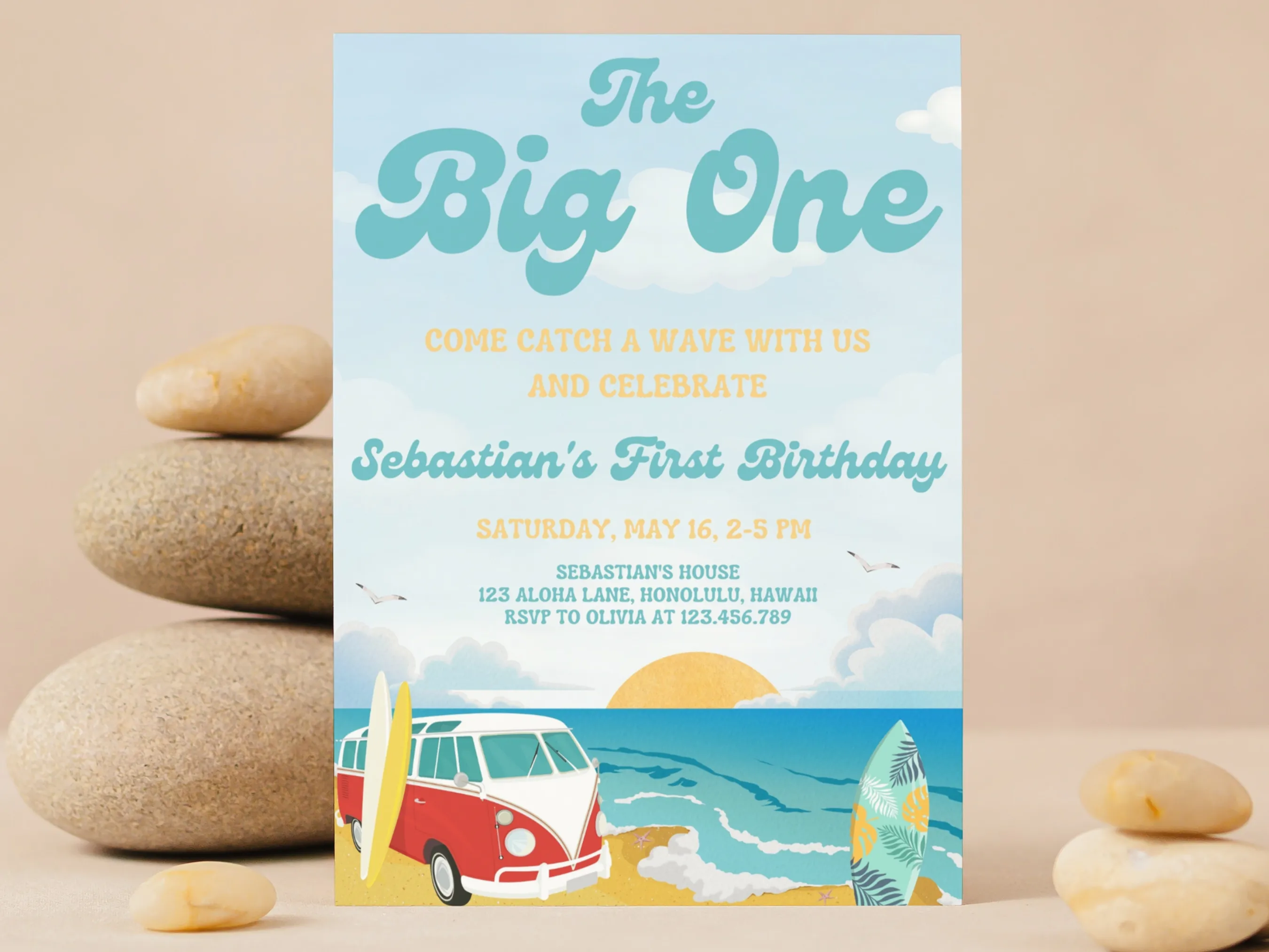 The Big One birthday invitation — surf’s up beach theme editable Canva template for kids’ birthday party (digital download)