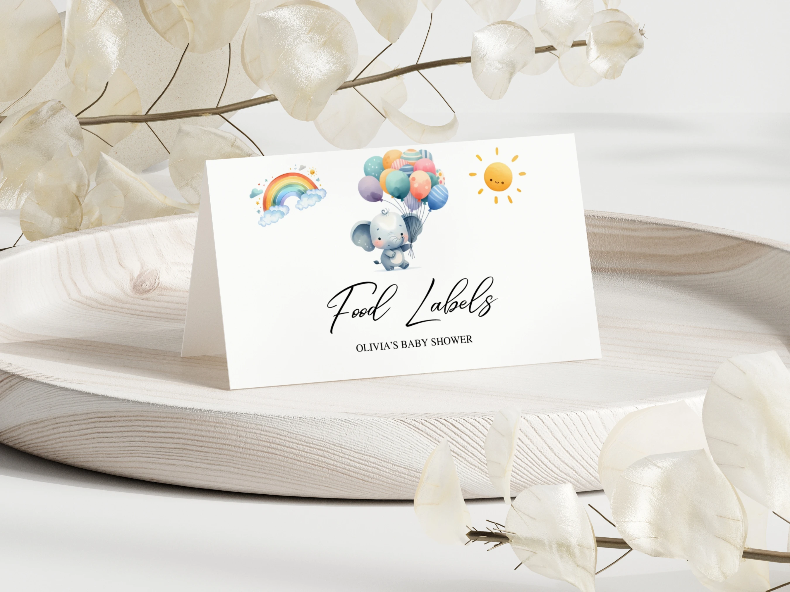 elephant baby shower place cards little peanut food tent rainbow balloon cards canva template digital download, little peanut baby shower seating place cards rainbow decorations canva template