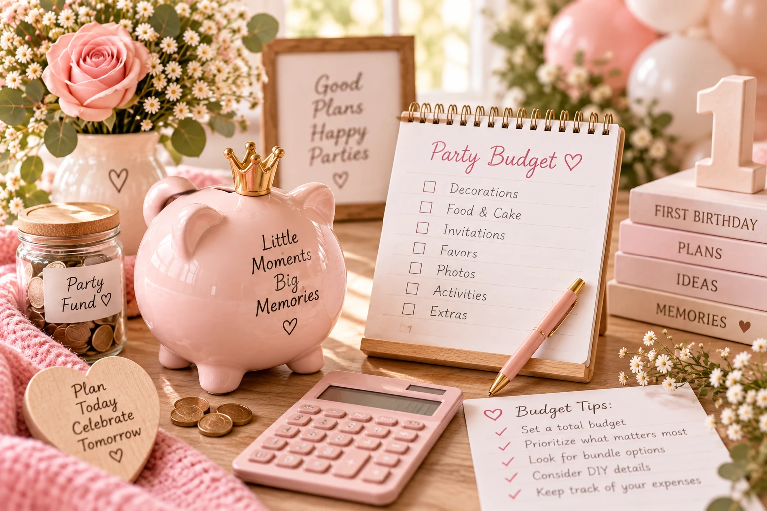 First birthday party budget planning scene with piggy bank, calculator and expense checklist