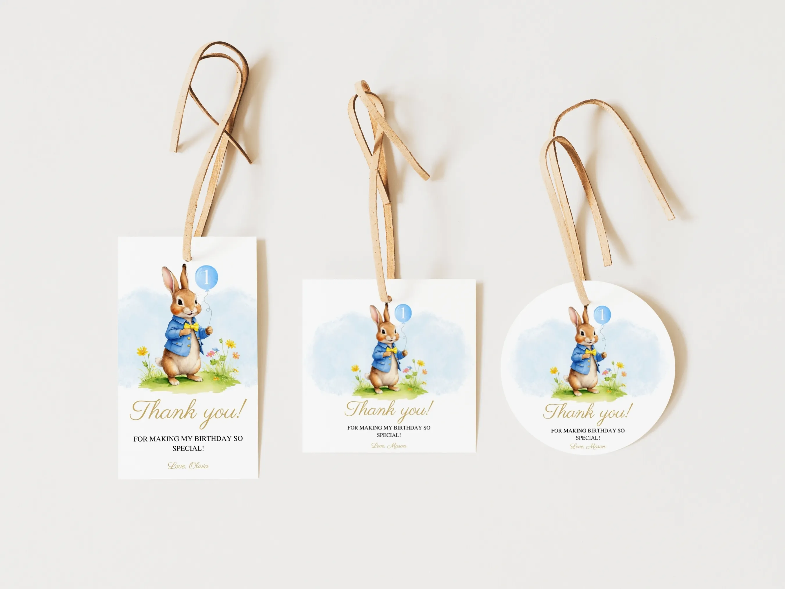 Peter Rabbit birthday gift tags with Flopsy Bunny design, pastel bunny party favor labels, printable editable Canva template by fllcdesigns