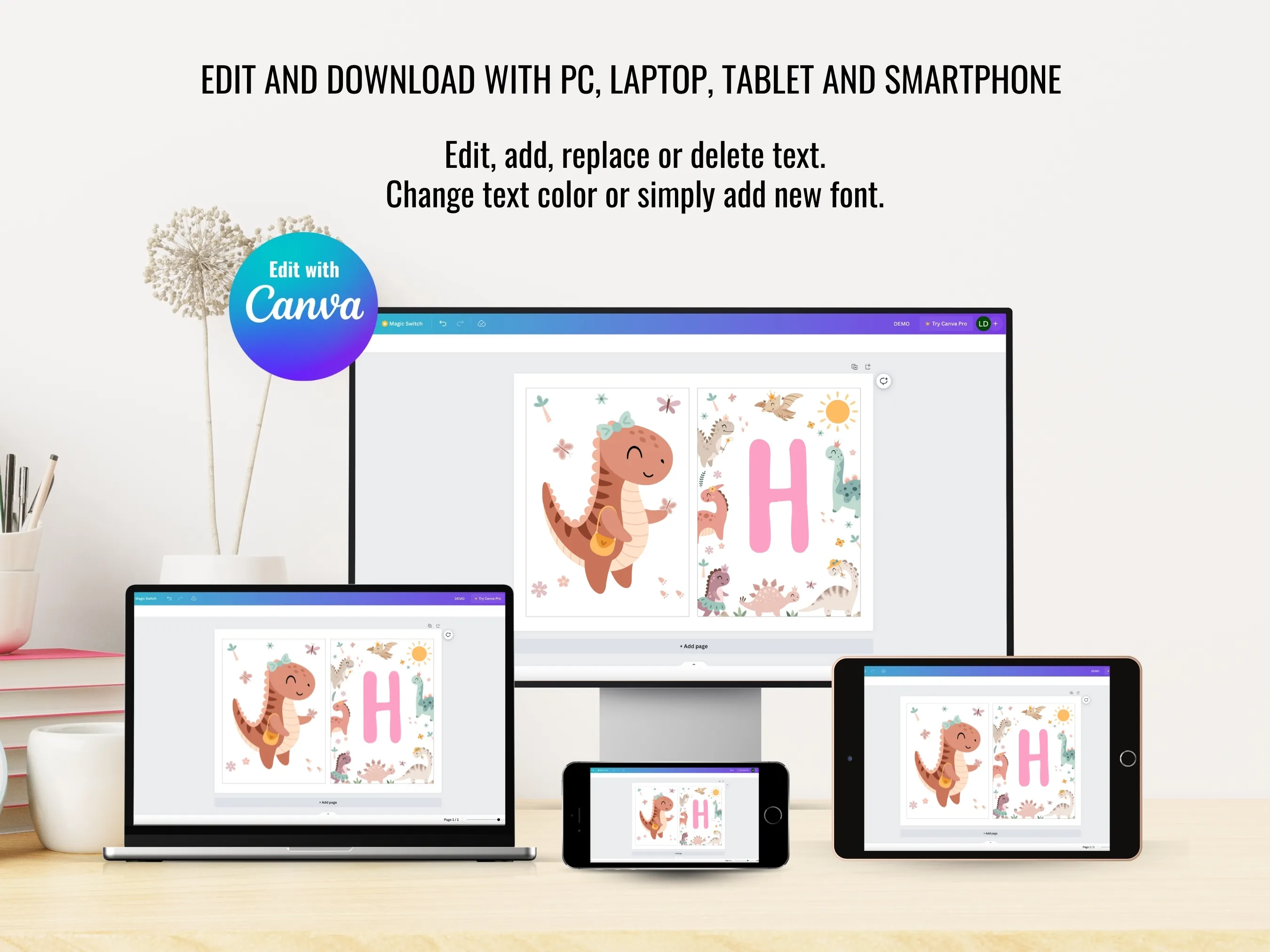 Baby Girl Dinosaur Happy Birthday Banner | Pink Dino Birthday Bunting | Dinosaur First Birthday Banner | Editable Canva Template | Digital Download