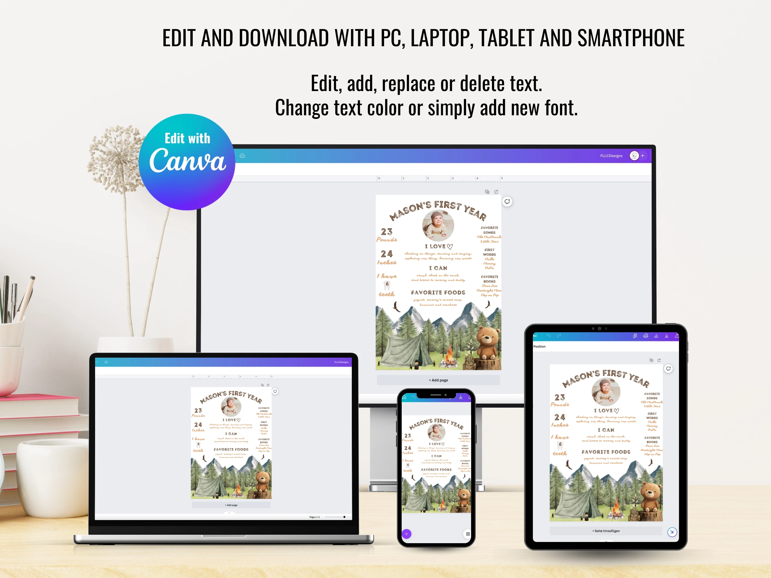 One Happy Camper Milestone Board | Woodland Milestone Poster | Brown Bear Baby Milestone Sign | 1st Birthday Party | Editable Canva Template | Digital Download