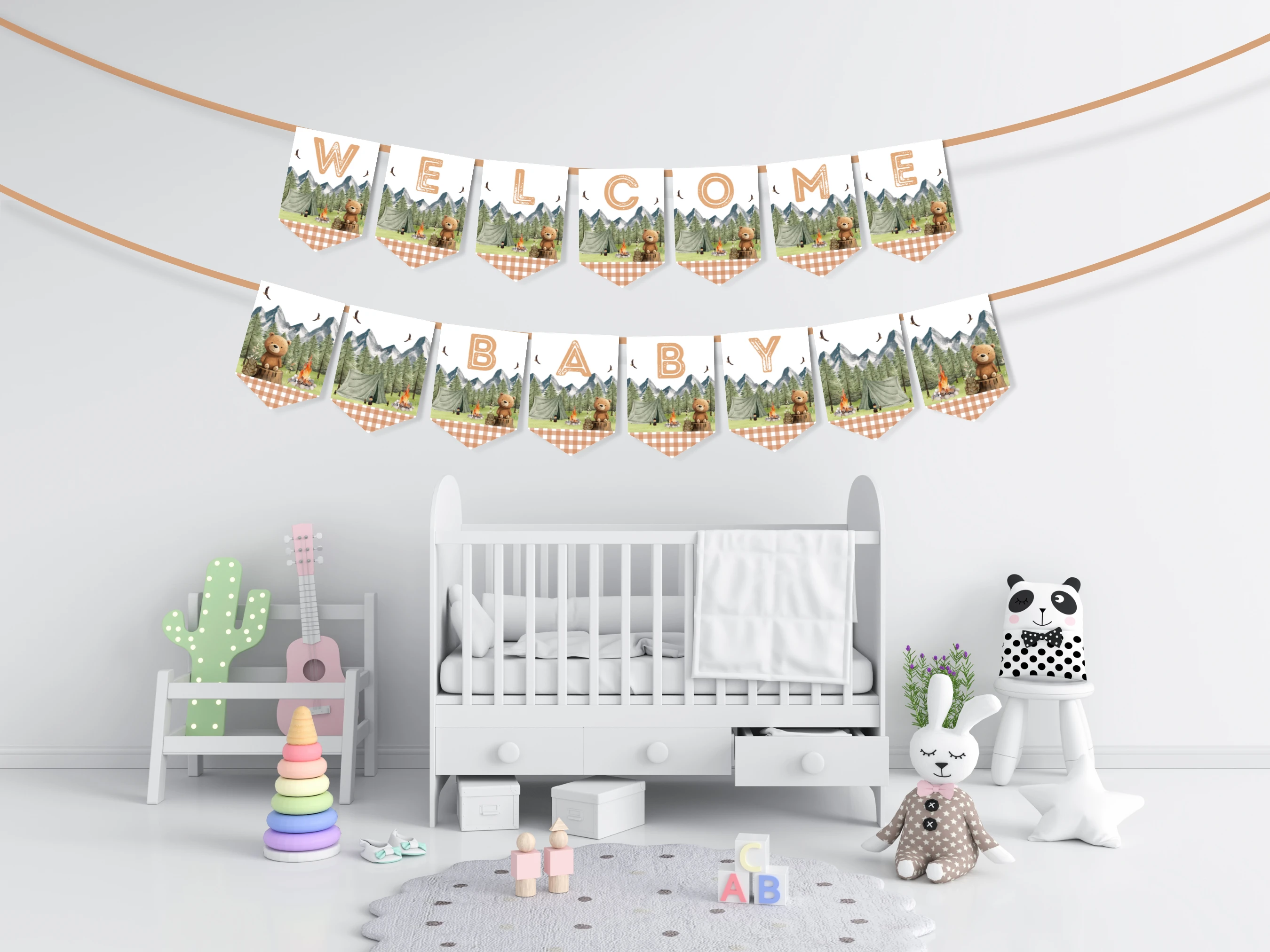 little camper baby shower banner, adventure awaits woodland baby shower bunting, bear theme baby shower banner, woodland baby shower welcome banner, editable baby shower banner Canva