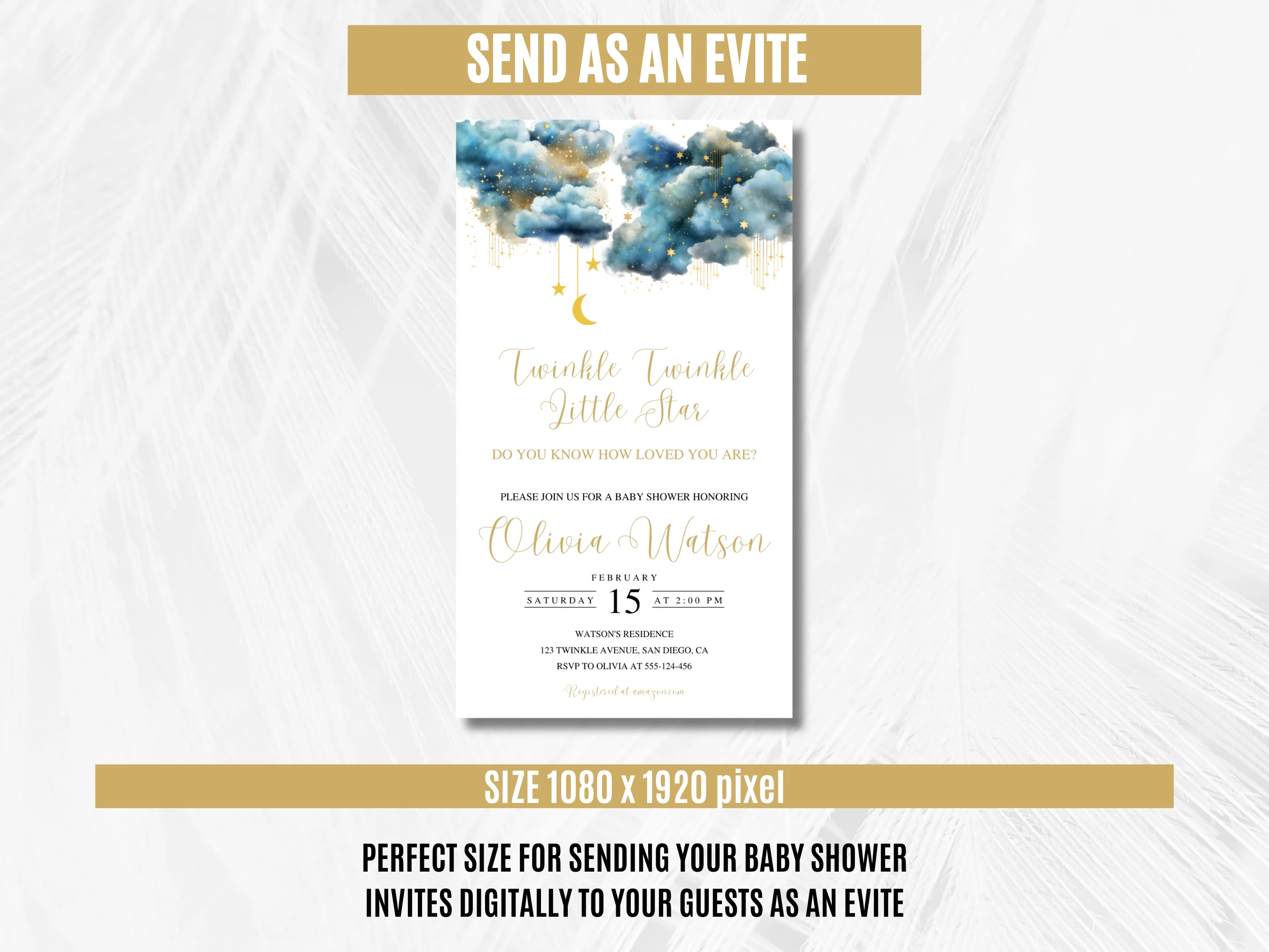 Twinkle Little Star Baby Shower Mobile Invitation | Over The Moon Baby Shower Digital Invite | Blue and Gold Baby Shower Party | Editable Canva Template | Digital Download