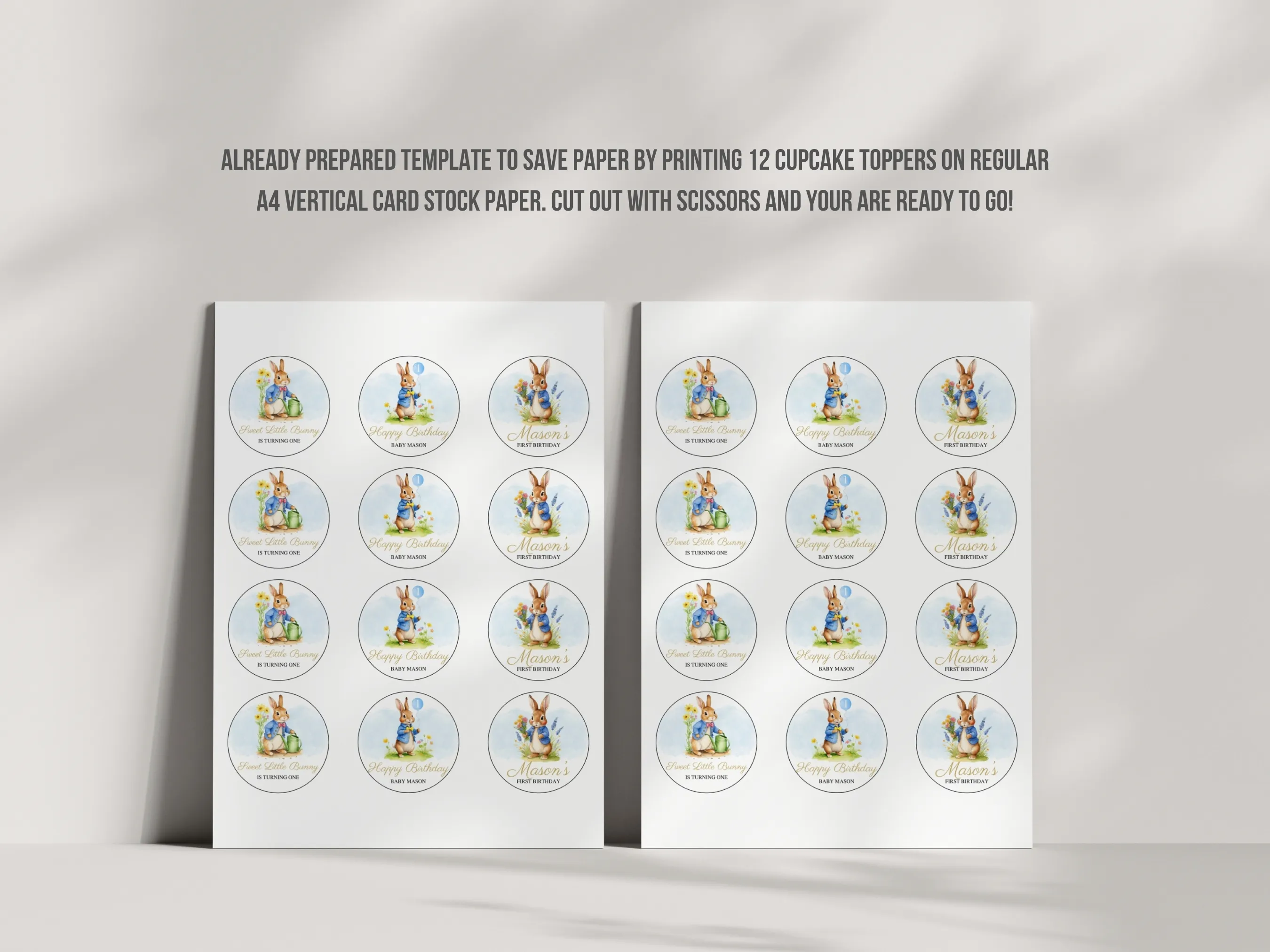 Peter Rabbit Happy Birthday Cupcake Toppers | Peter Rabbit 1st Birthday Toppers | Flopsy Bunny “One” Cake Topper | Editable Canva Template | Digital Download
