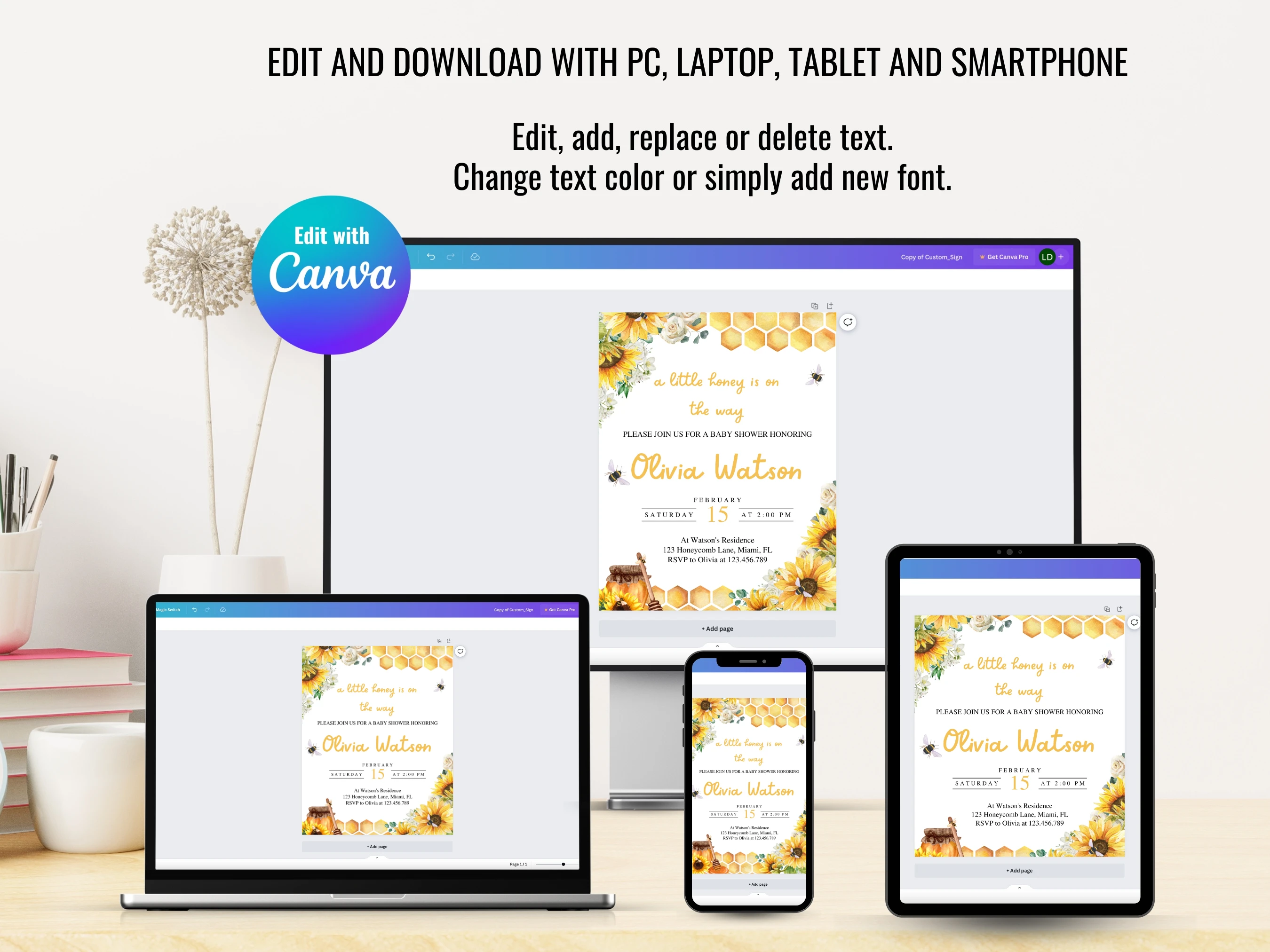 Honey Bee Baby Shower Mobile Invitation | Sunflower Baby Shower Invite | Bumble Bee Baby Shower Party | Editable Canva Template | Digital Download