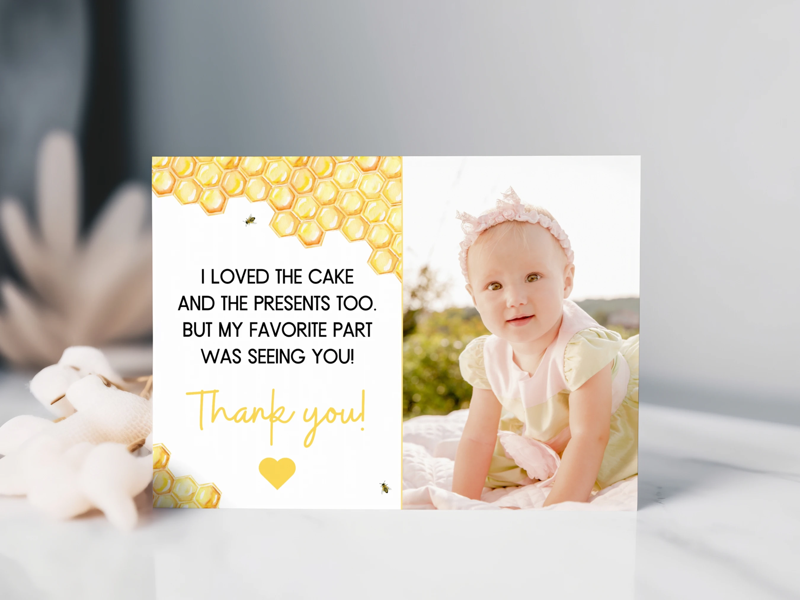 first bee day thank you card, honey bee thank you note, birthday thank you card with photo, bee birthday thank you note, printable kids thank you card