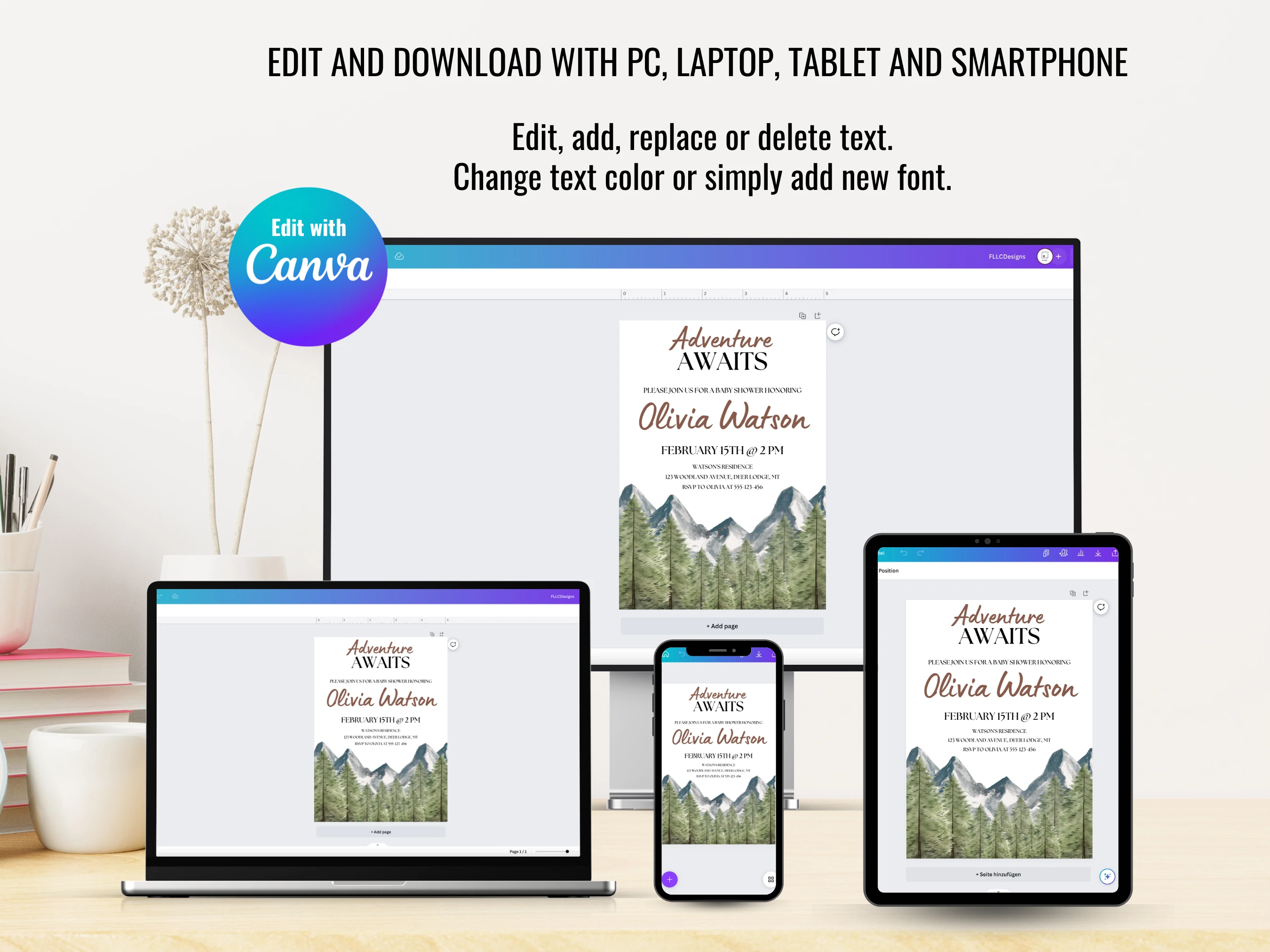 Adventure Awaits Baby Shower Invitation Set | Gender Neutral Forest And Mountains Starter Pack | Editable Canva Template | Digital Download