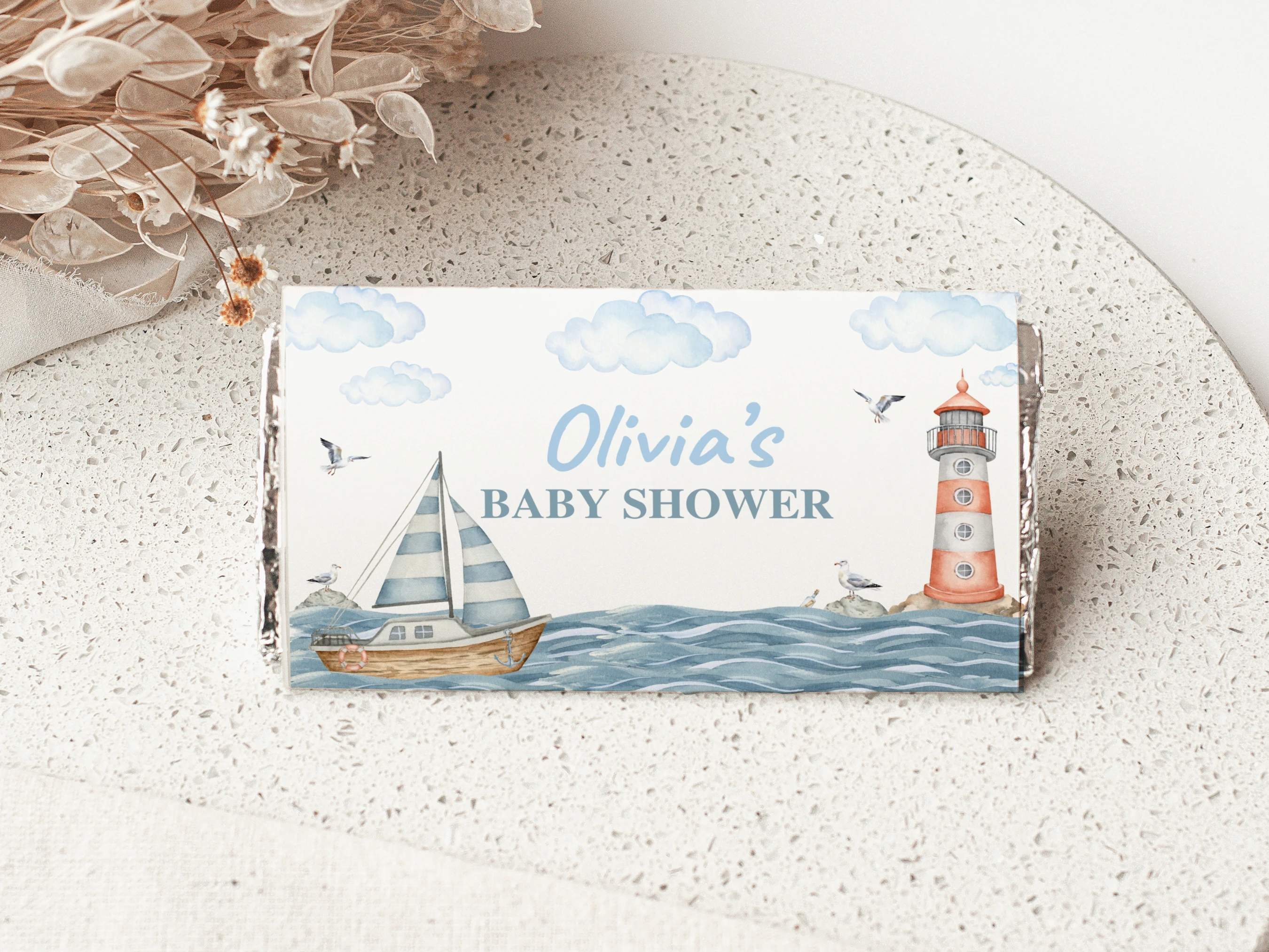 nautical baby shower chocolate wrapper, ahoy it's a boy candy bar wrapper printable, sailboat baby shower chocolate label, ocean baby shower candy bar label, editable chocolate wrapper Canva