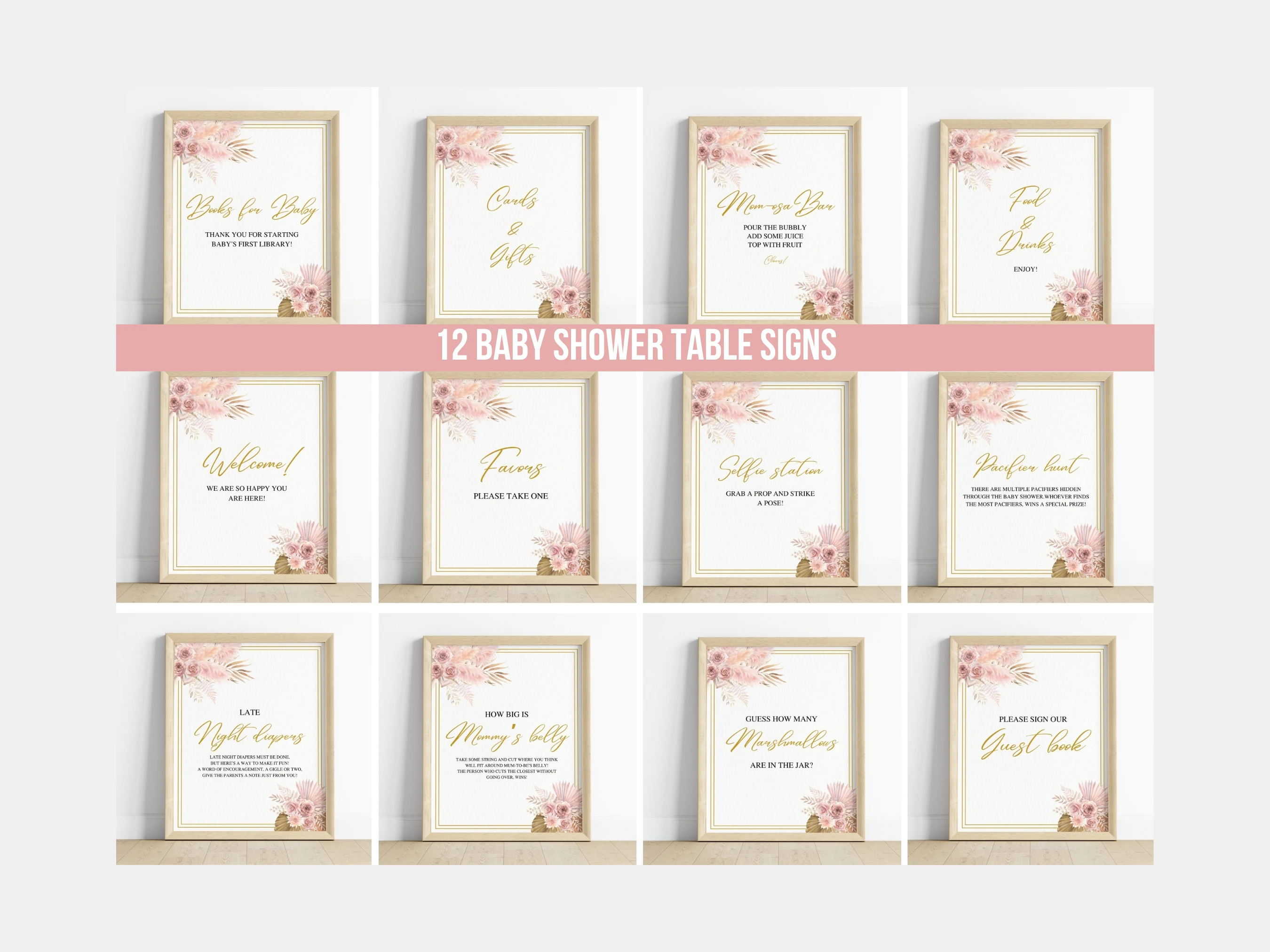 boho baby shower table sign printable, pampas grass baby shower pacifier hunt sign, rose gold baby shower diaper raffle sign, boho baby shower late night diapers sign, editable baby shower sign Canva