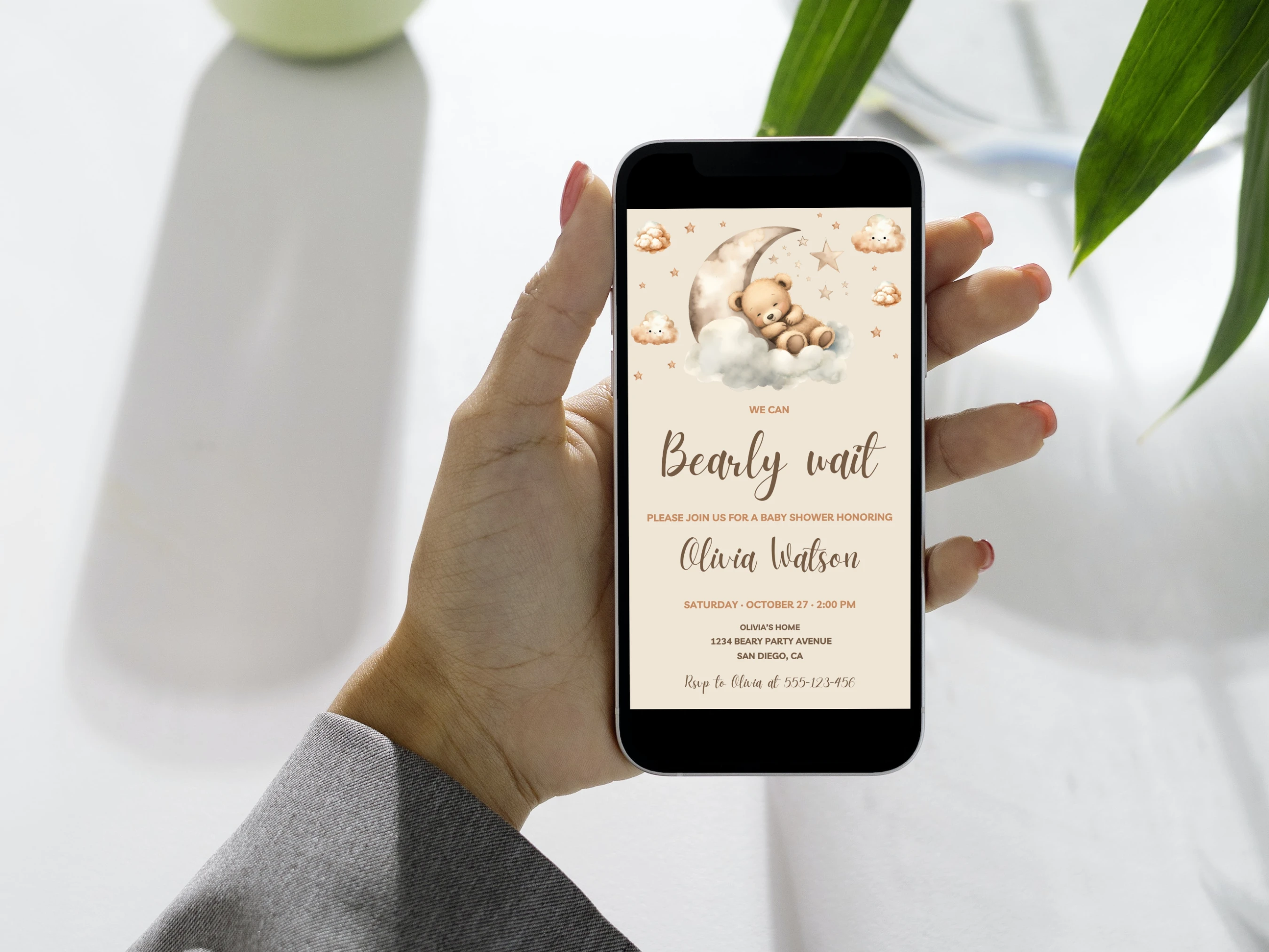 We Can Bearly Wait Baby Shower Invitation | Teddy Bear Baby Shower Invite | Moon and Stars Boho Baby Shower Party | Editable Canva Template | Digital Download