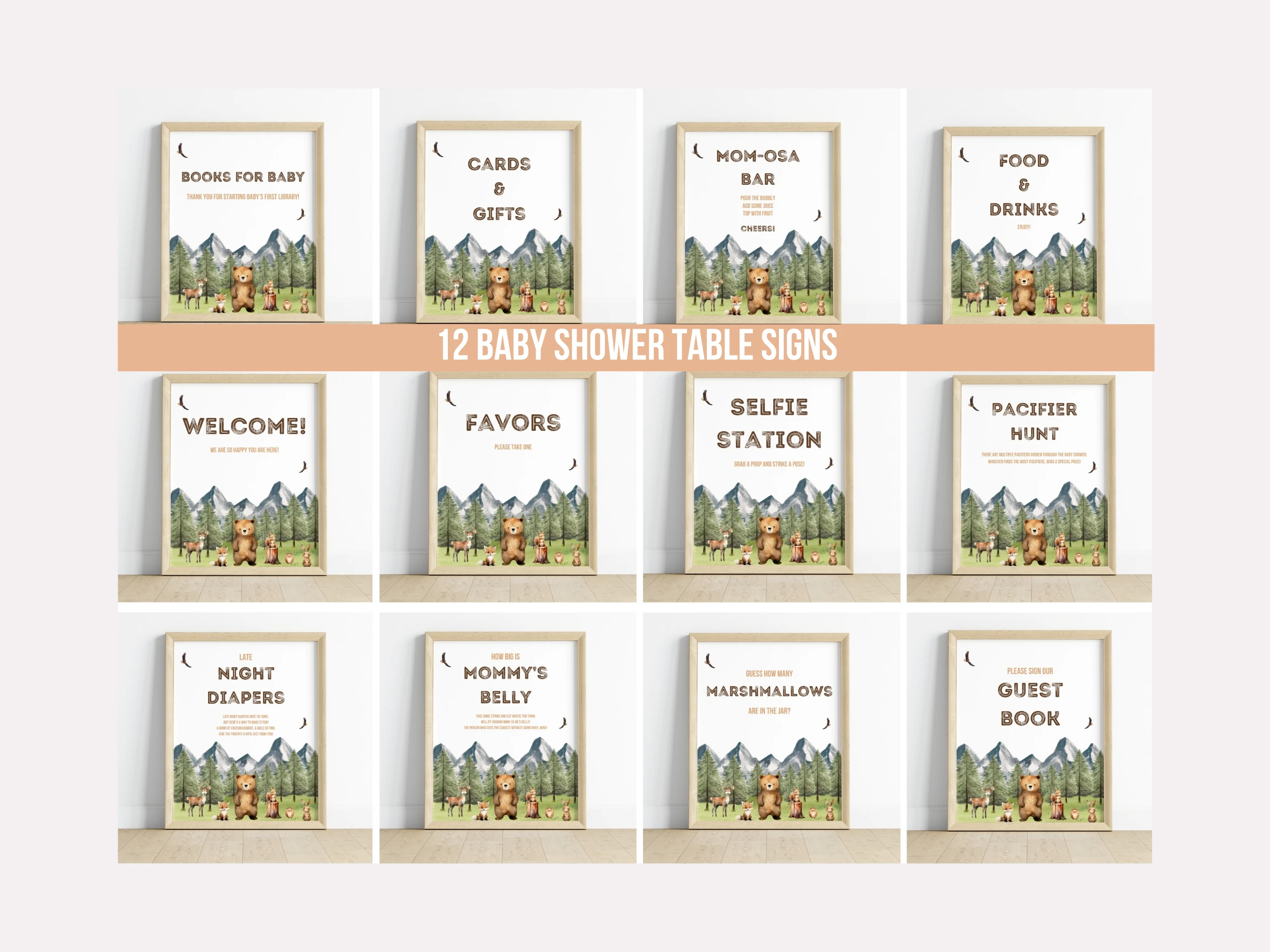 woodland baby shower table sign printable, forest animals baby shower pacifier hunt sign, adventure awaits baby shower diaper raffle sign, woodland bear late night diapers sign, editable baby shower sign Canva