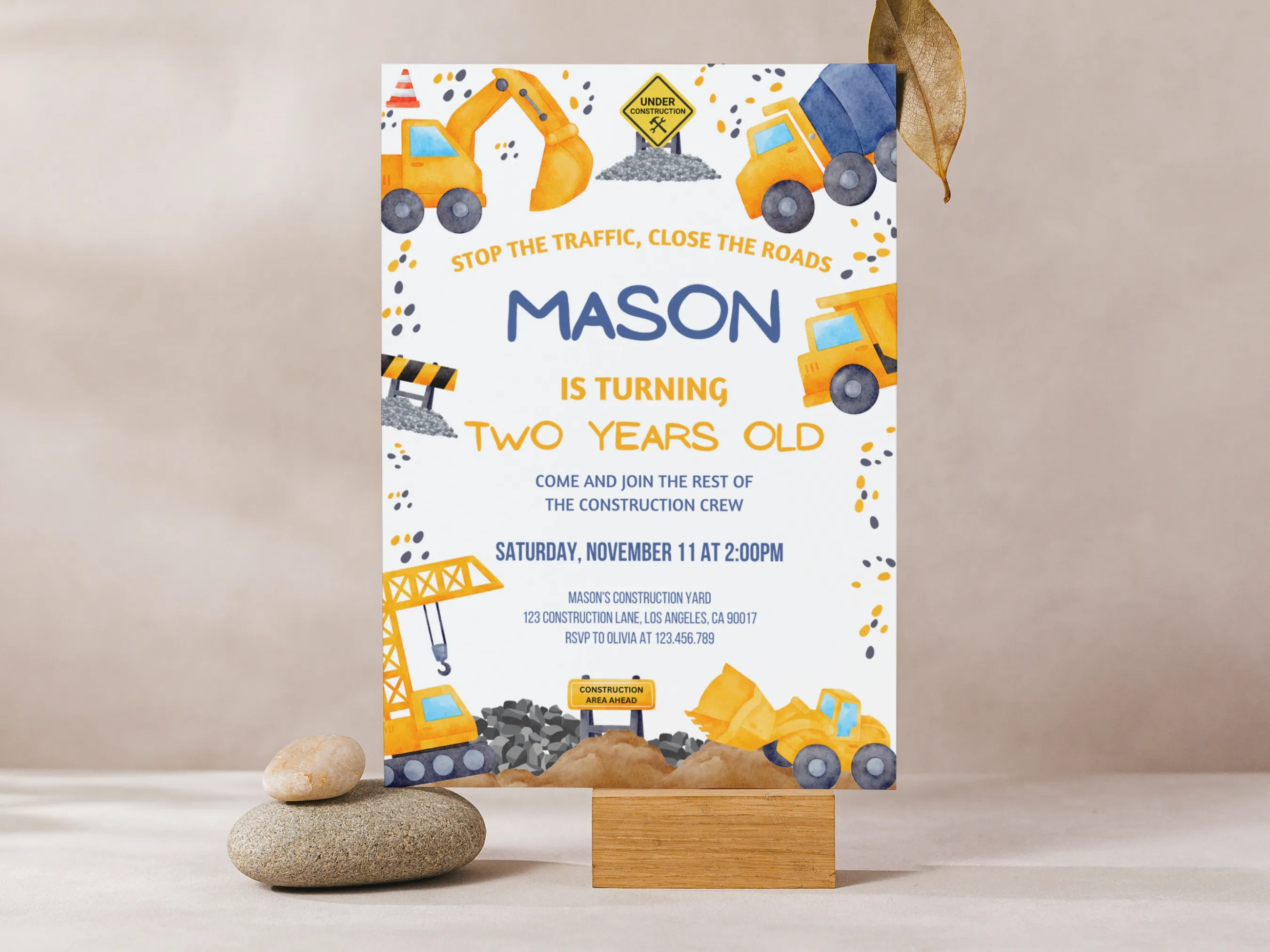 Construction birthday invitation — excavator and truck theme editable Canva template for kids’ birthday party (digital download)