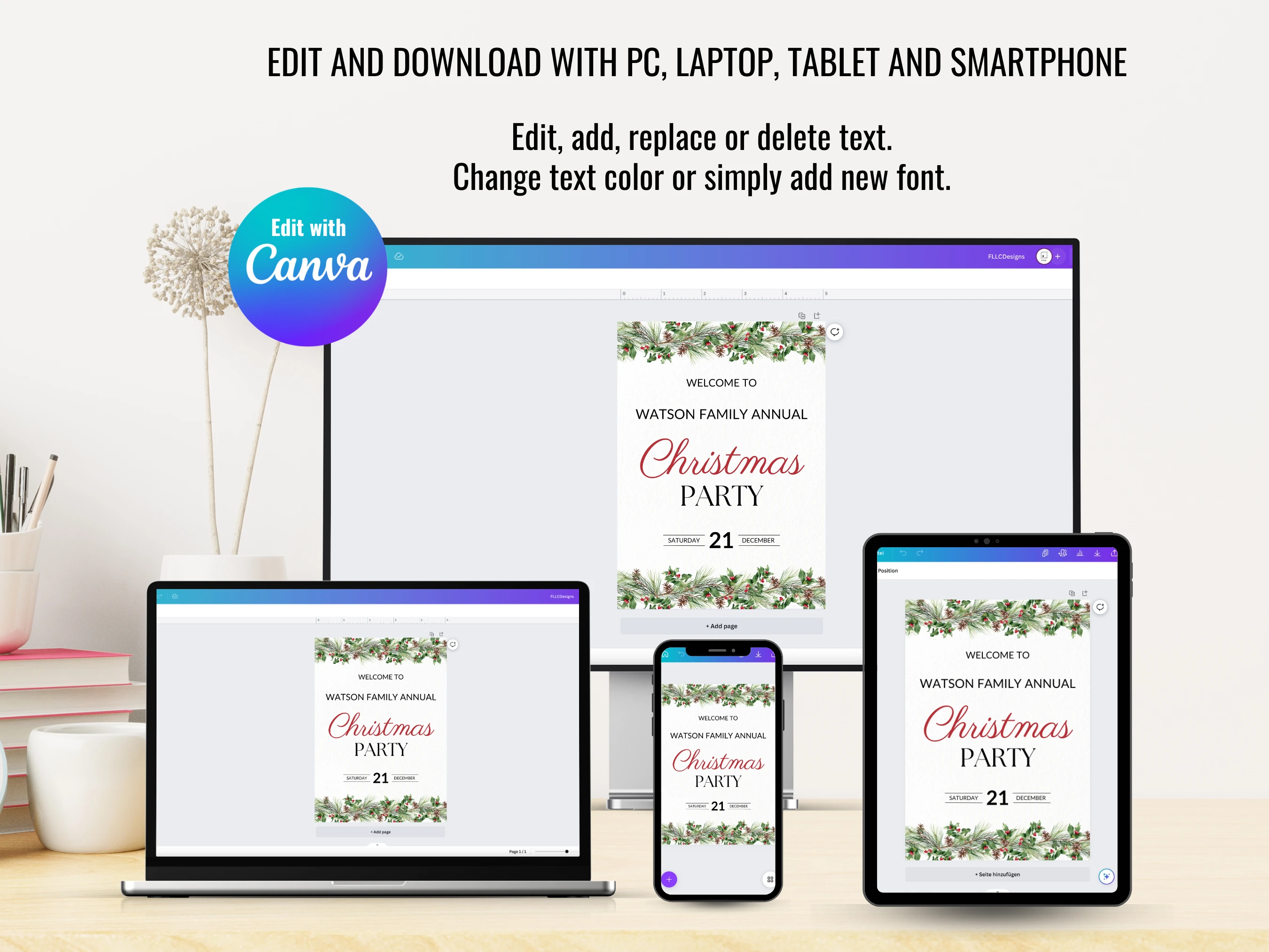 Christmas Party Welcome Sign Template | Festive Holiday Entrance Decor | Editable Canva Template | Digital Download