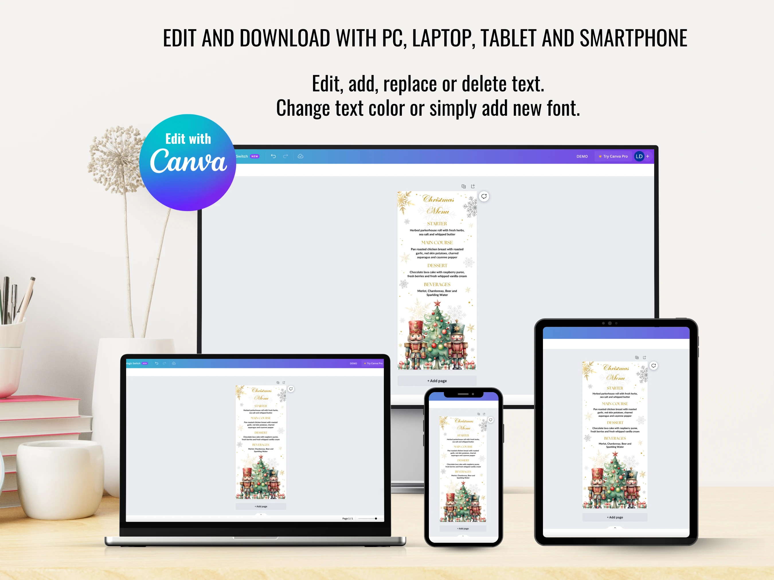 Nutcracker Christmas Dinner Menu Template | 4x9 Holiday Table Card | Editable Canva Template | Digital Download