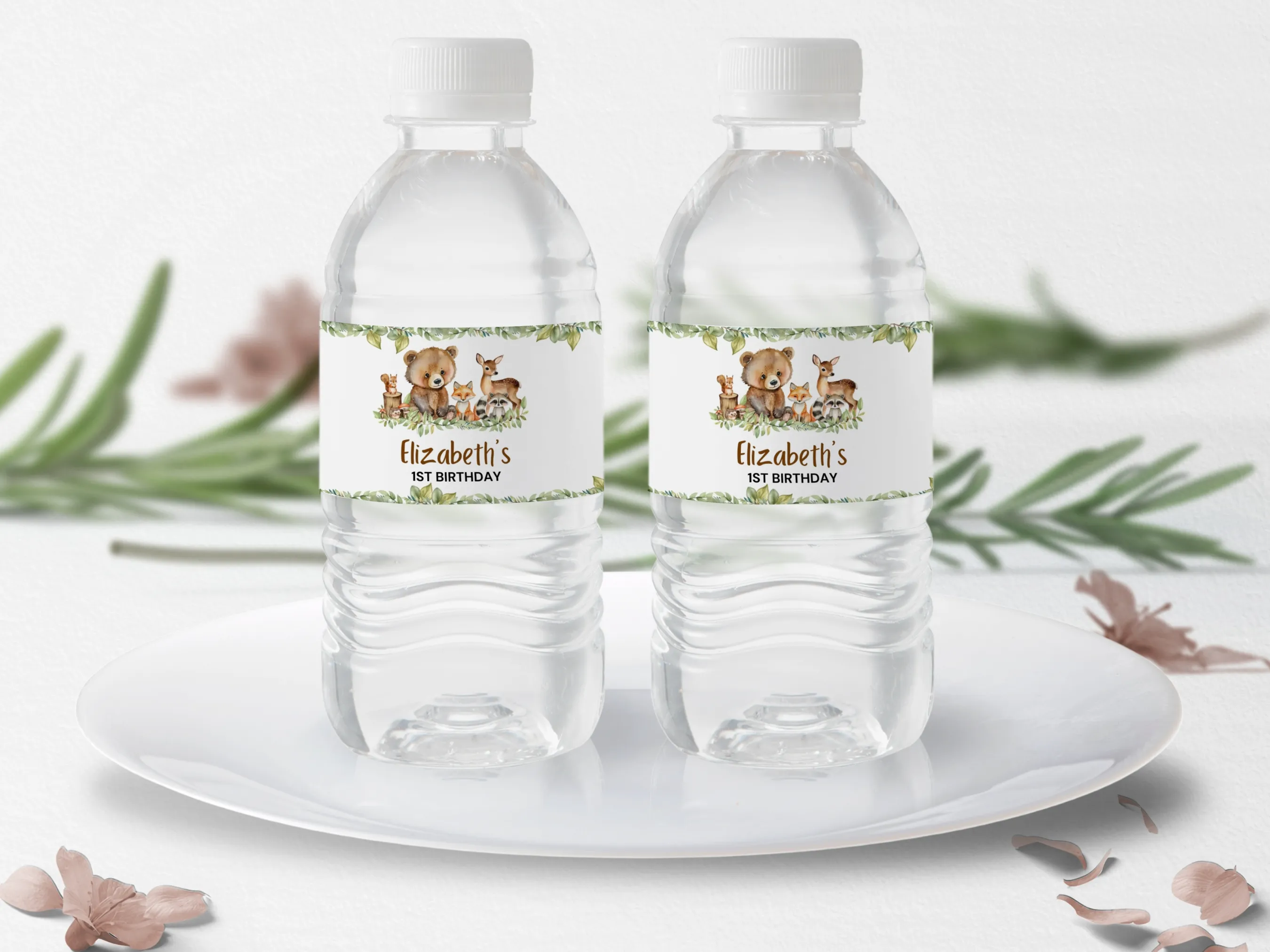 Woodland birthday water bottle labels with forest animal designs, Wild One bottle wraps and bottle stickers, editable Canva template by fllcdesigns