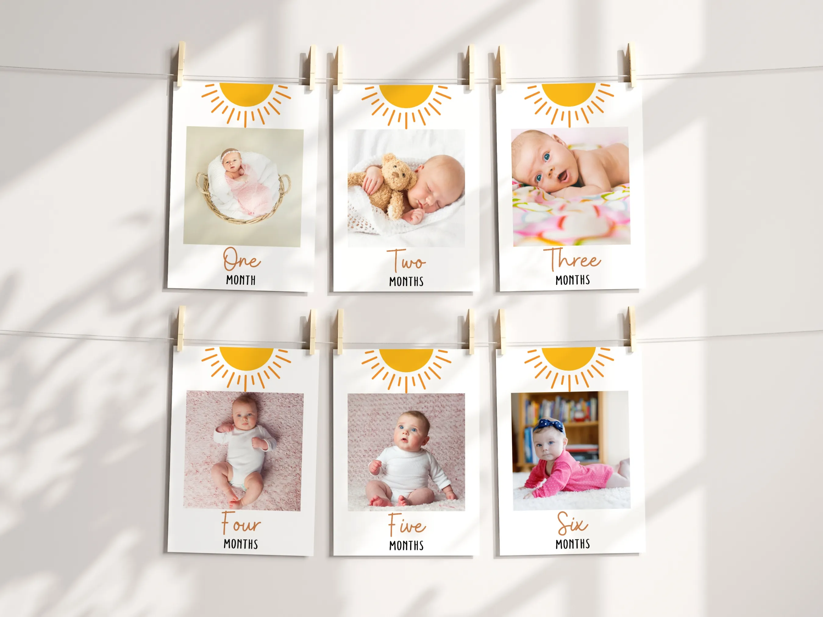 Sunshine 1st birthday photo banner with First Trip Around the Sun milestone cards, editable Canva template for personalized solar-themed birthday decorations, digital download.
