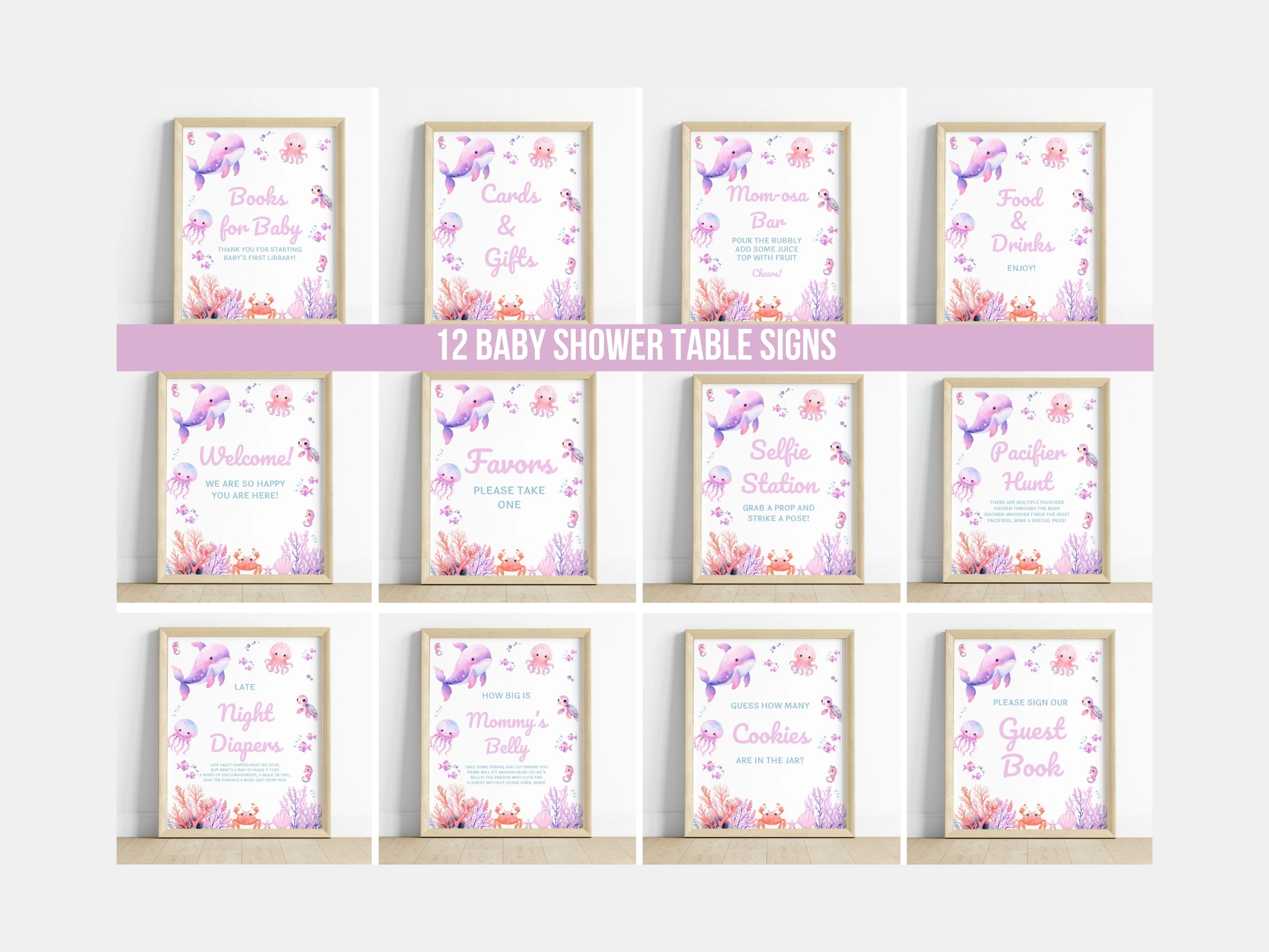 under the sea baby shower table sign printable, ocean animals late night diapers sign, pink baby girl pacifier hunt sign, diaper raffle baby shower sign printable, editable baby shower sign Canva