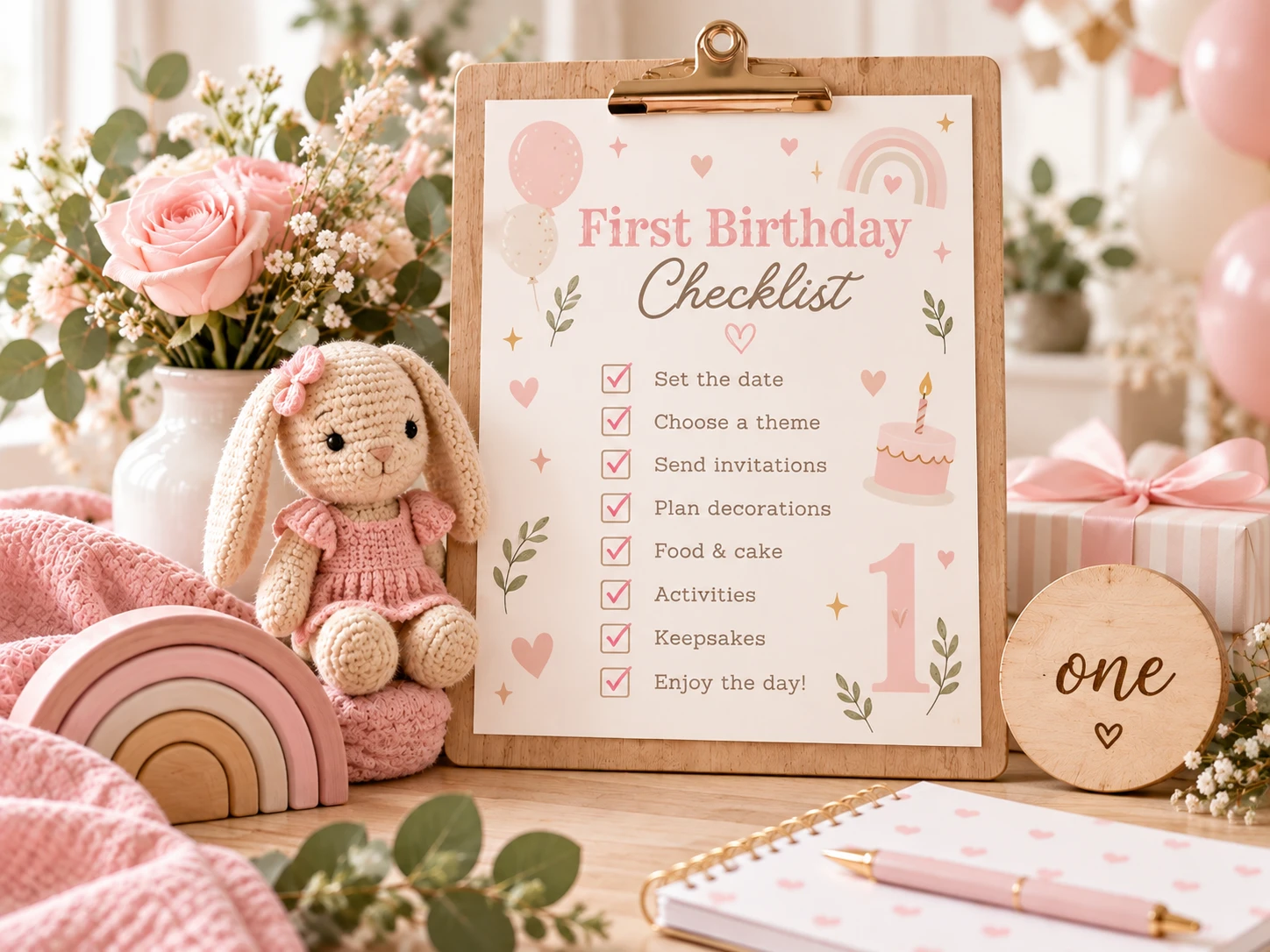 First birthday planning checklist displayed on a wooden board with soft pink party decorations