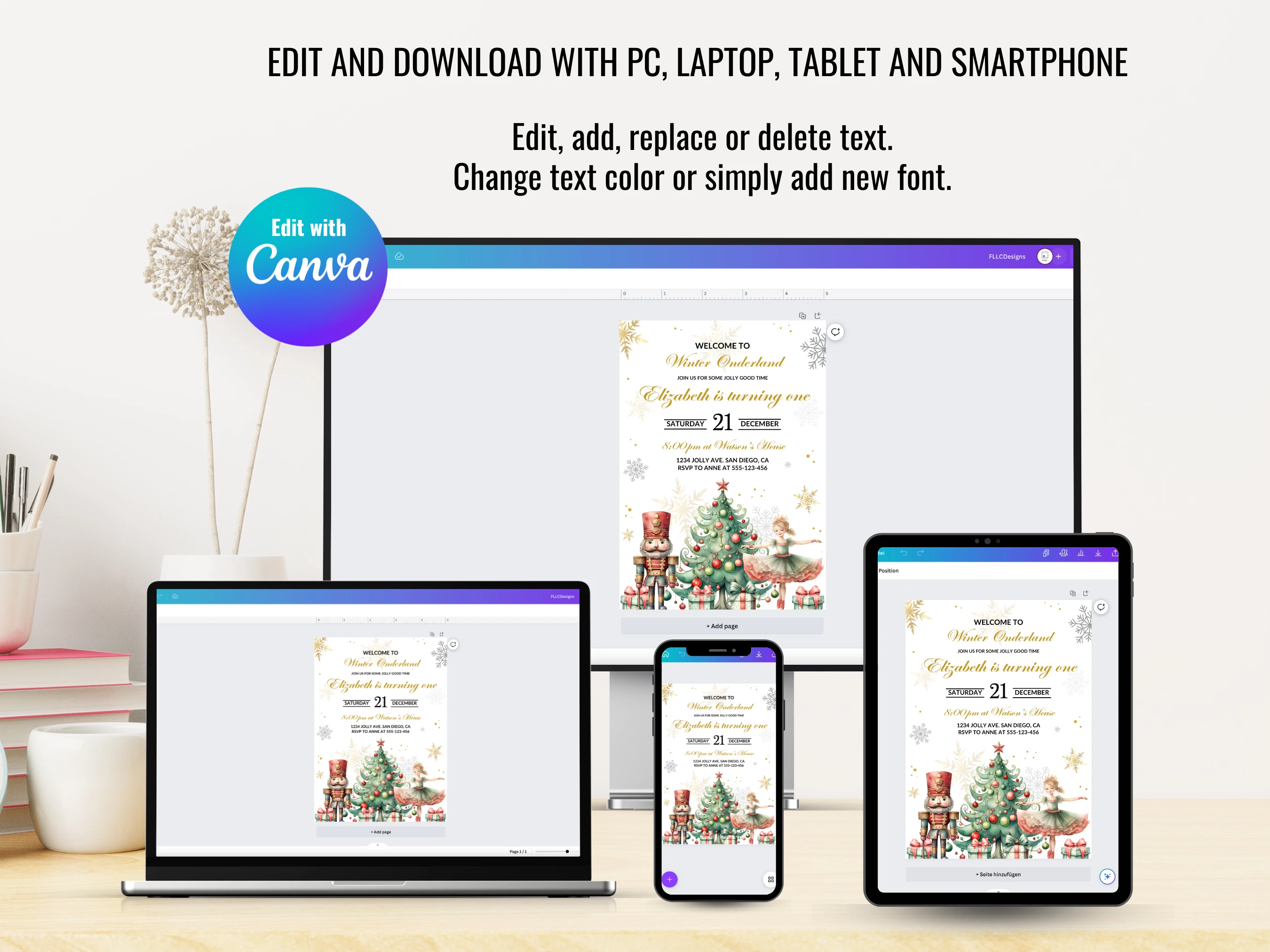 Nutcracker Winter Wonderland Birthday Bundle | First Birthday Party Decor | Editable Canva Template | Digital Download