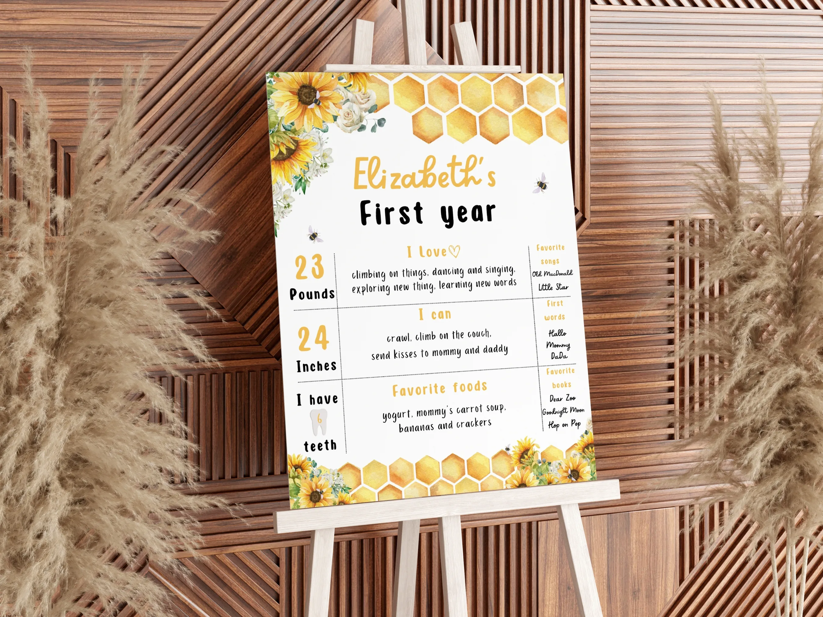 Sunflower Bee Milestone Board | First Bee Day Milestone Poster | Honey Bee Baby Milestone Sign | 1st Birthday Party | Editable Canva Template | Digital Download