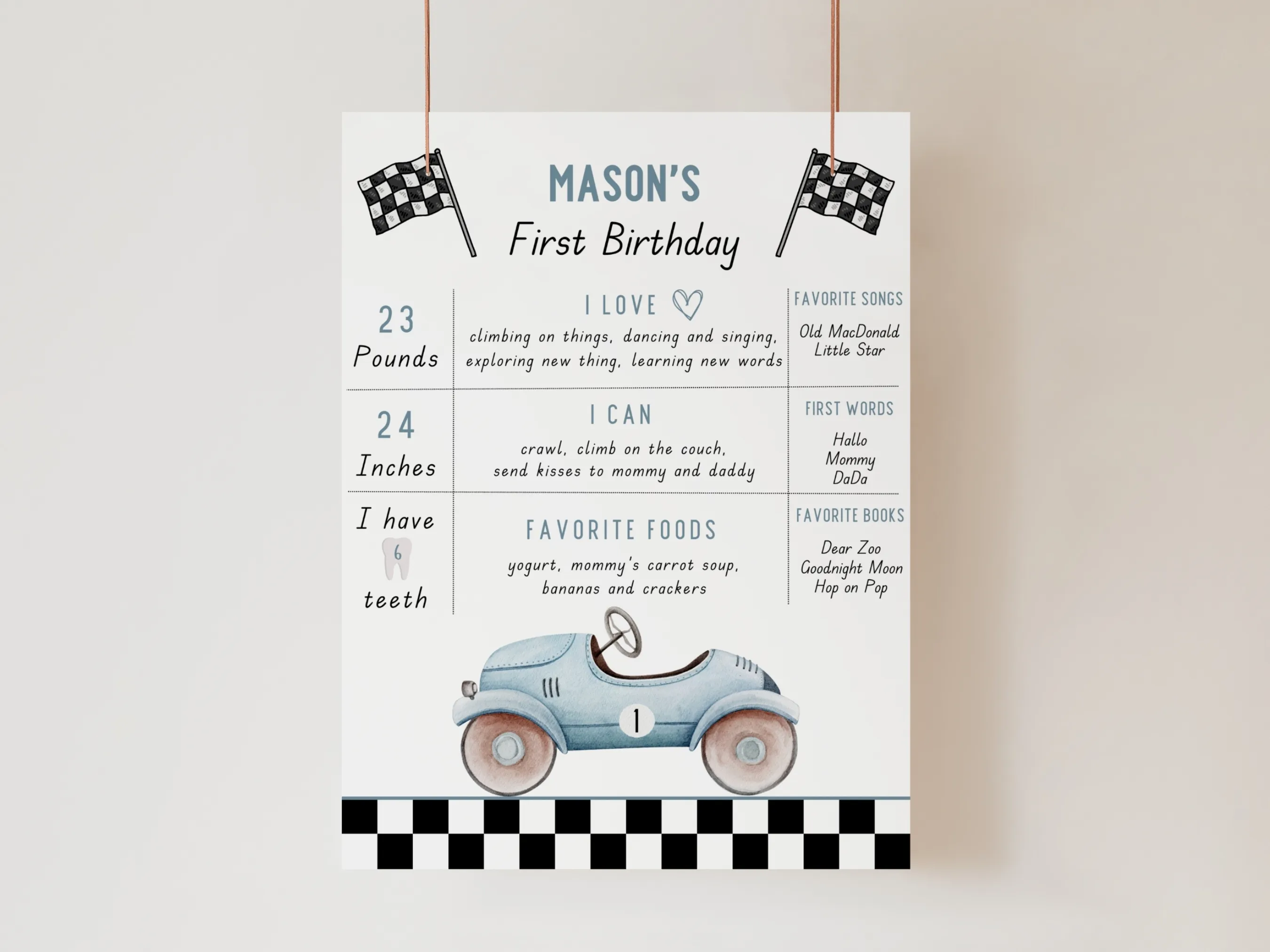 Fast One birthday milestone board with blue vintage race car theme for a first birthday, editable Canva template digital download by fllcdesigns