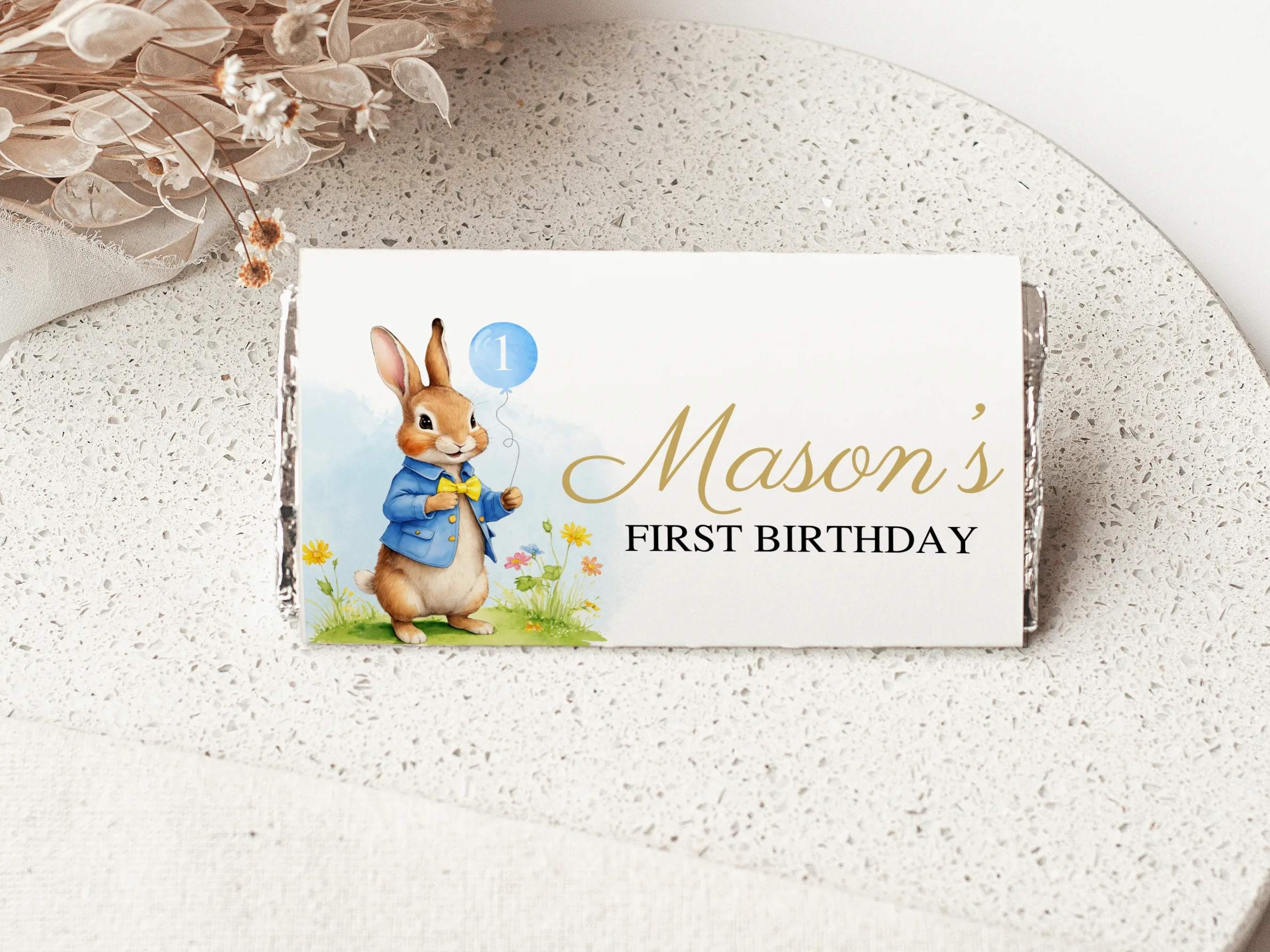 Peter Rabbit birthday candy bar labels with Flopsy Bunny design, pastel mini chocolate wrappers, editable Canva template by fllcdesigns
