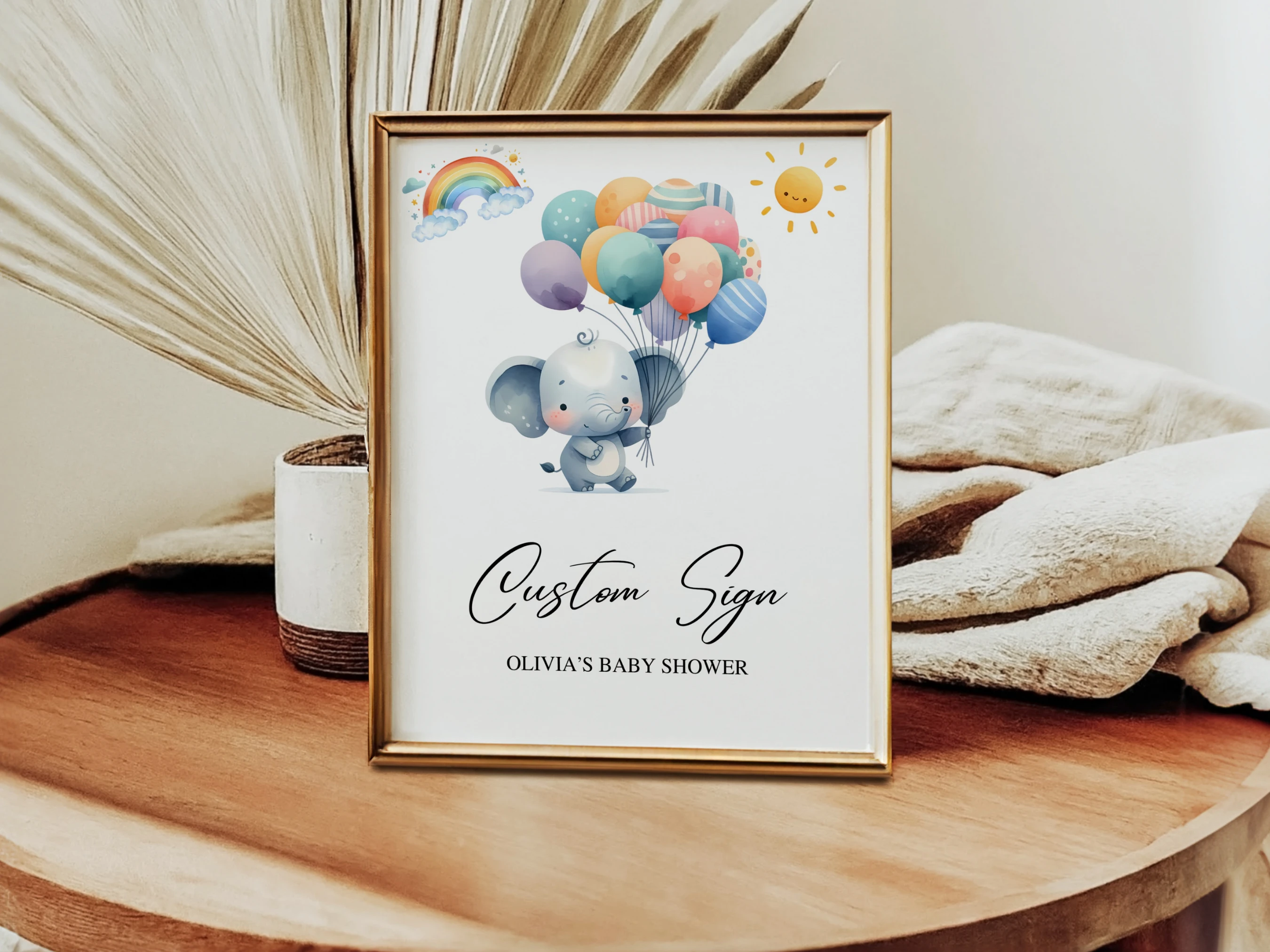 elephant baby shower table sign printable, little peanut baby shower pacifier hunt sign, balloons rainbow baby shower diaper raffle sign, elephant baby shower late night diapers sign, editable baby shower sign Canva
