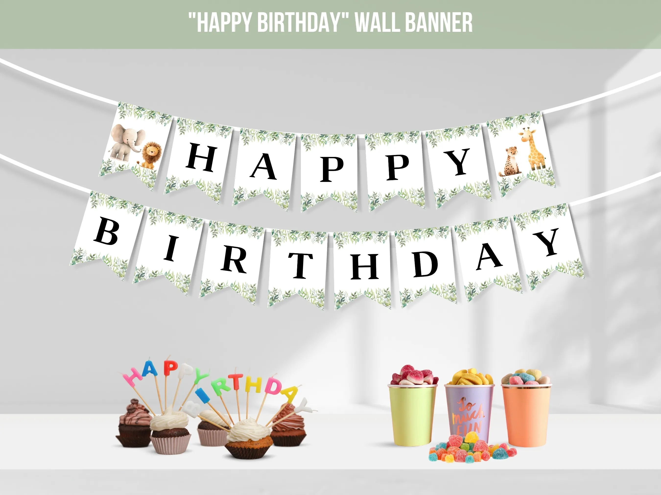 Wild One Happy Birthday banner with jungle theme, customizable birthday bunting and wall banner, editable Canva template by fllcdesigns