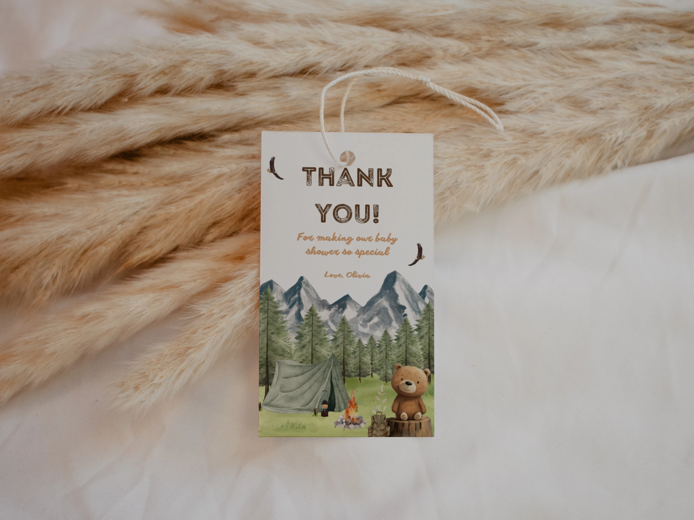 Little Camper Baby Shower Thank You Tags | Adventure Awaits Woodland Bear Favor Tags | Editable Canva Template | Digital Download