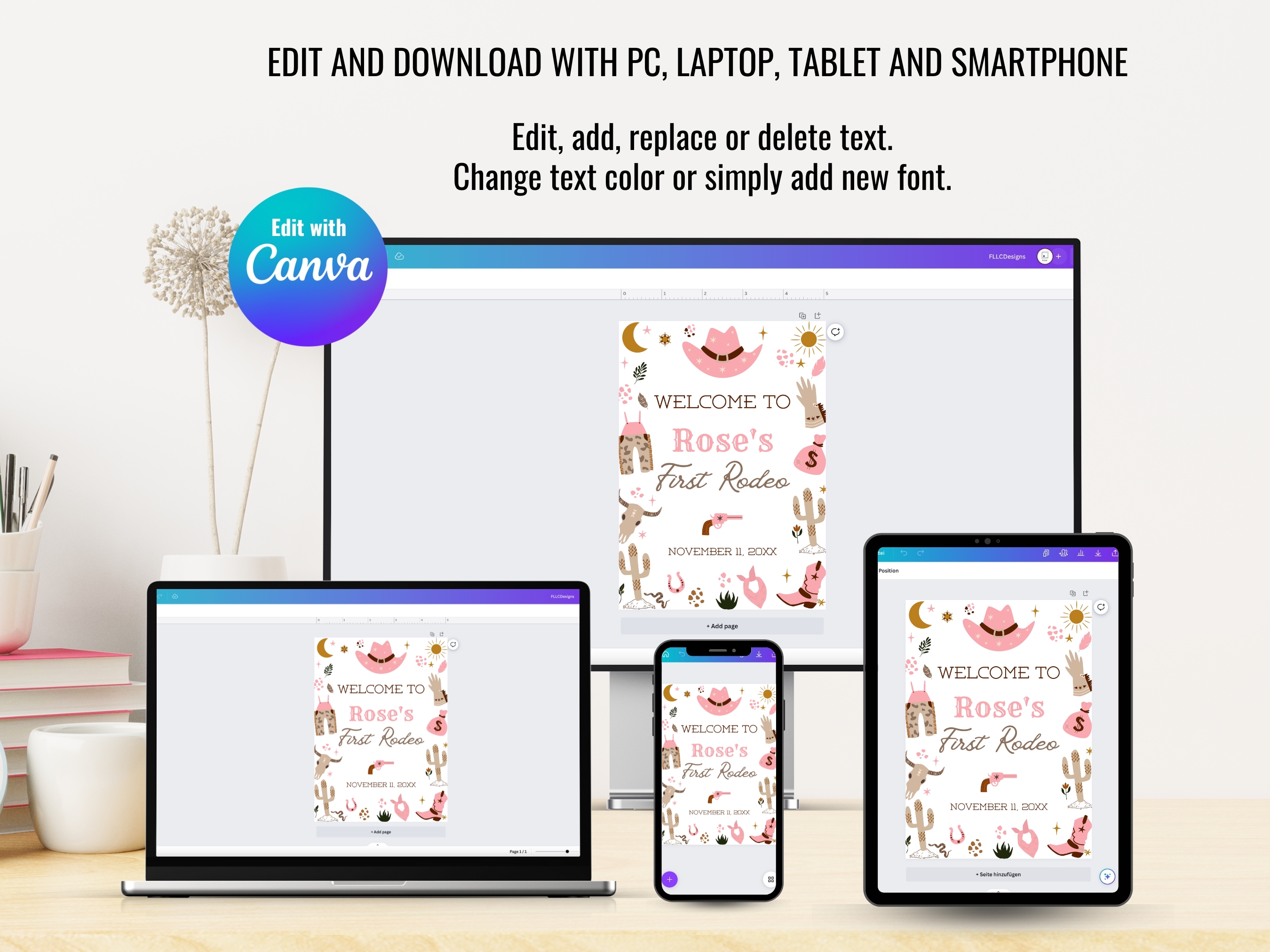 Cowgirl My First Rodeo Birthday Welcome Sign | Western Party Welcome Board | Pink Rodeo 1st Birthday Poster | Editable Canva Template | Digital Download